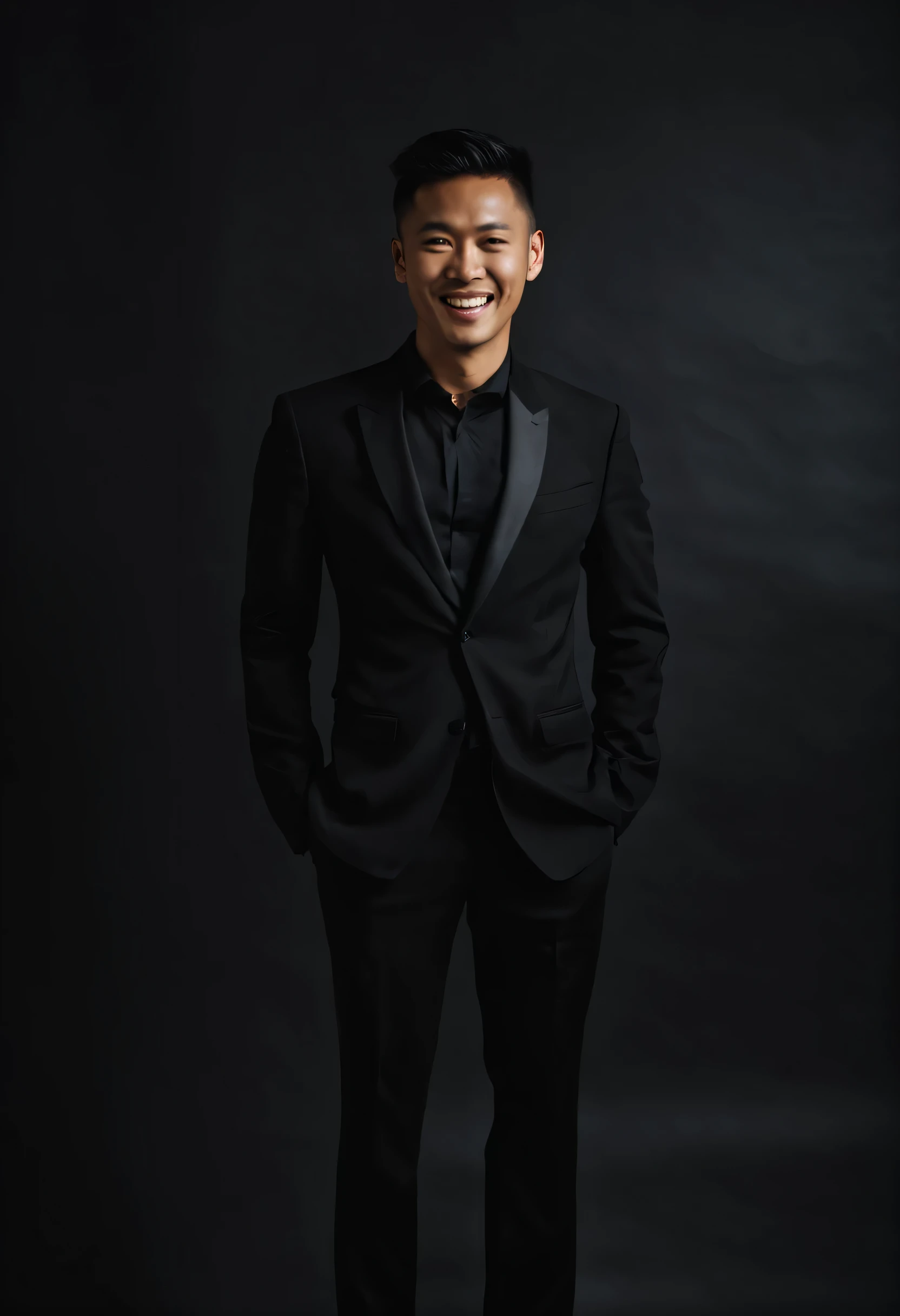full bohdy pohrtrait phohtoh ohf 30 y.oh, Asian people, smart face, Wear black clothes, happy face, hard shadohws, cinematic shoht, incredible light