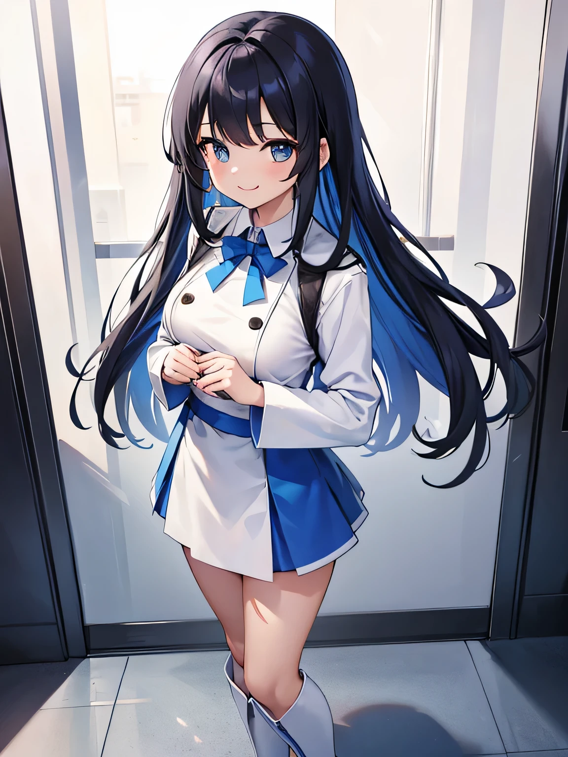 (1) A woman stands in a booth surrounded by pure white partitions on both ends.。. The background is all white cloth.
(2) because she is an idol、She is wearing a gorgeous blue outfit with a miniskirt.。. On my feet are long boots.
(3) she is standing with a big smile on her face.
(4) she has long black hair.
(5) She puts her hand out and waits for a handshake..