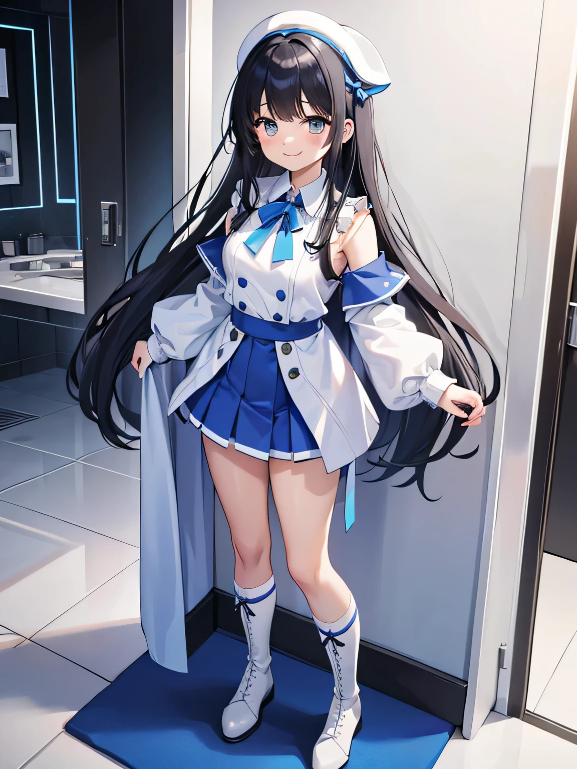 (1) A woman stands in a booth surrounded by pure white partitions on both ends.。. The background is all white cloth.
(2) because she is an idol、She is wearing a gorgeous blue outfit with a miniskirt.。. On my feet are long boots.
(3) she is standing with a big smile on her face.
(4) she has long black hair.
(5) She puts her hand out and waits for a handshake..