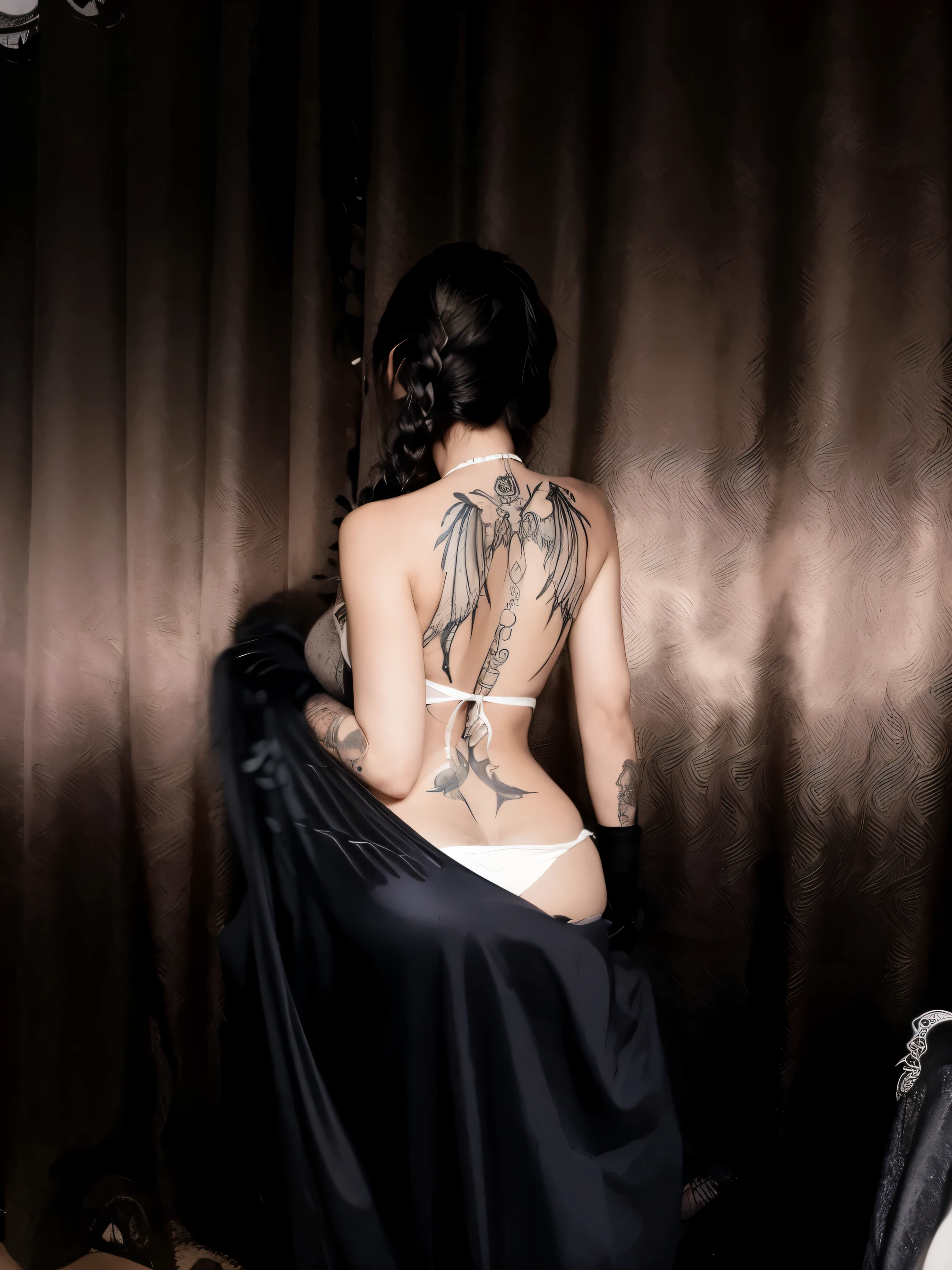 there is a woman with a tattoo on her back sitting on a bed, wings on back, angelic wings on her back, backview, shot from the back, draped with horrors and spines, large wings on back, back - shot, photo from behind, gothic tattoos, villainess has black angel wings, from the back, inspired by Roberto Ferri