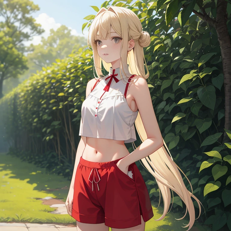 MayK, a striking blonde-haired girl with a quirky feature of buck teeth, is standing outdoors in her neighborhood during the serene morning. She is dressed in a red short outfit with a white shirt, the fabric clinging to her frame as she leans forward, her navel peeking out from beneath the untucked top. Her arms are folded behind her back, her upper body exposed to the crisp air.

MayK's insanely detailed and beautifully crafted face is a true masterpiece, displaying the best quality features - fine lines, rosy cheeks, and piercing black eyes reflecting the sun's early rays. The scene is captured in an upper body shot