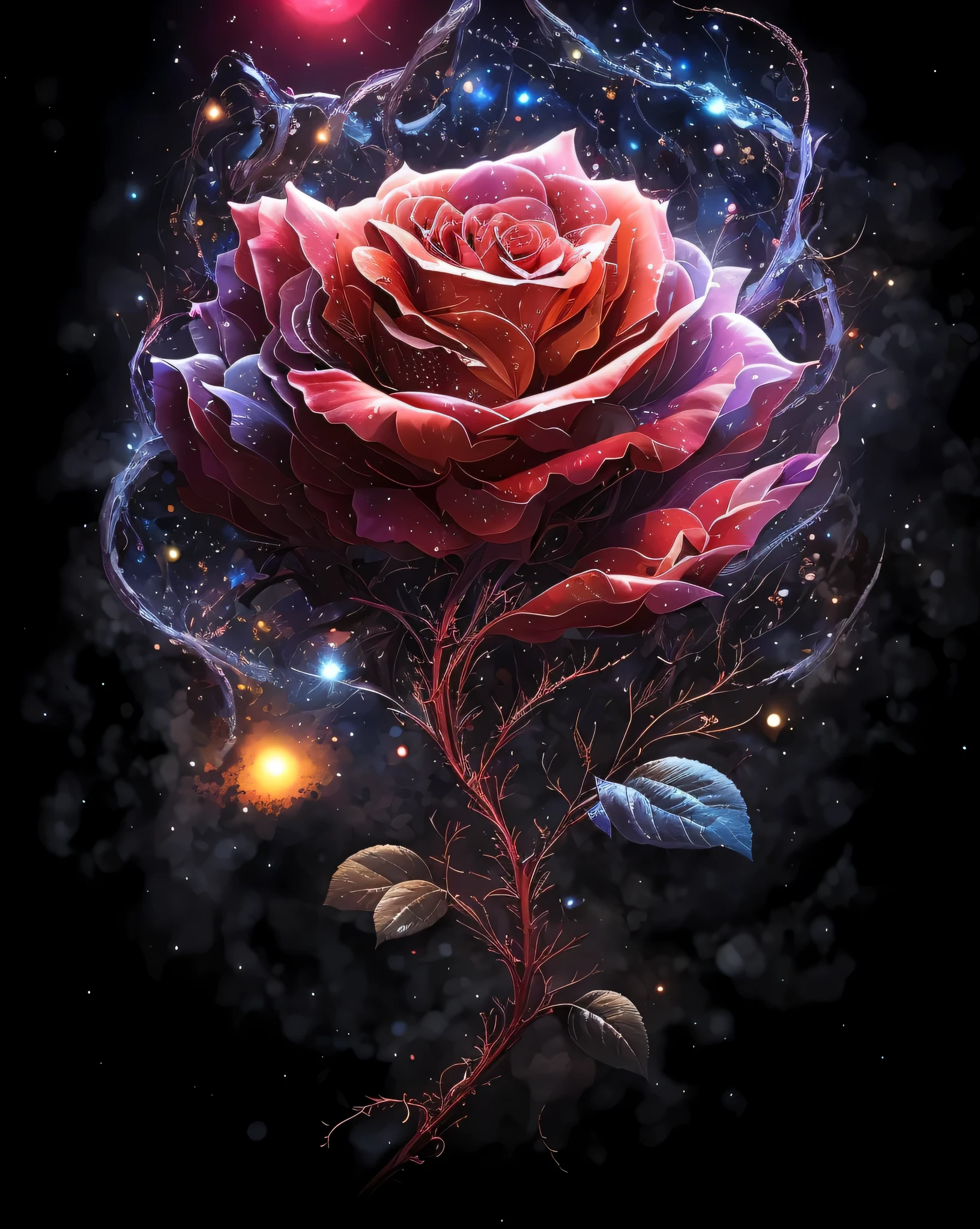Rose close-up against a star background，Safflower sky atmosphere，Explosive Flowers Rosas，Flowers and vines rise，climbing roses，Ultra HD Digital Painting，Roses grow very strong，magical fantasy with high detail，beautiful digital art，очень beautiful digital art，art hd，Soft melancholic pink soft light。
