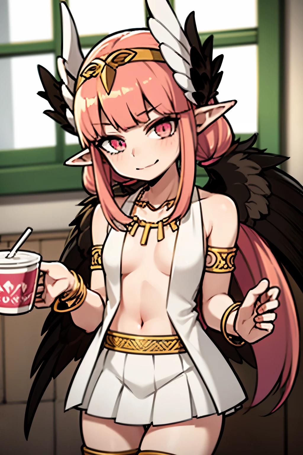 best quality, artwork, high resolution, Alone, {Circe_fgo:1.15}, pointy_ears, small girl, small breasts, pink_hair, head_wings, wings, bangs, haywire_wings, long_hair, jewelry, smile, breasts, necklace, blush, Small_breasts, Multicolored_eyes, 1 girl, Cups , hairband, restraint, looking_at_viewer, twintails, framed in black_eyewear, labcono, shirt, eyewear_Removed, green_eyes, restraint_eyewear, long_sleeves, one_eye_closed, Open_mouth, pink_eyes, simple_Background, window