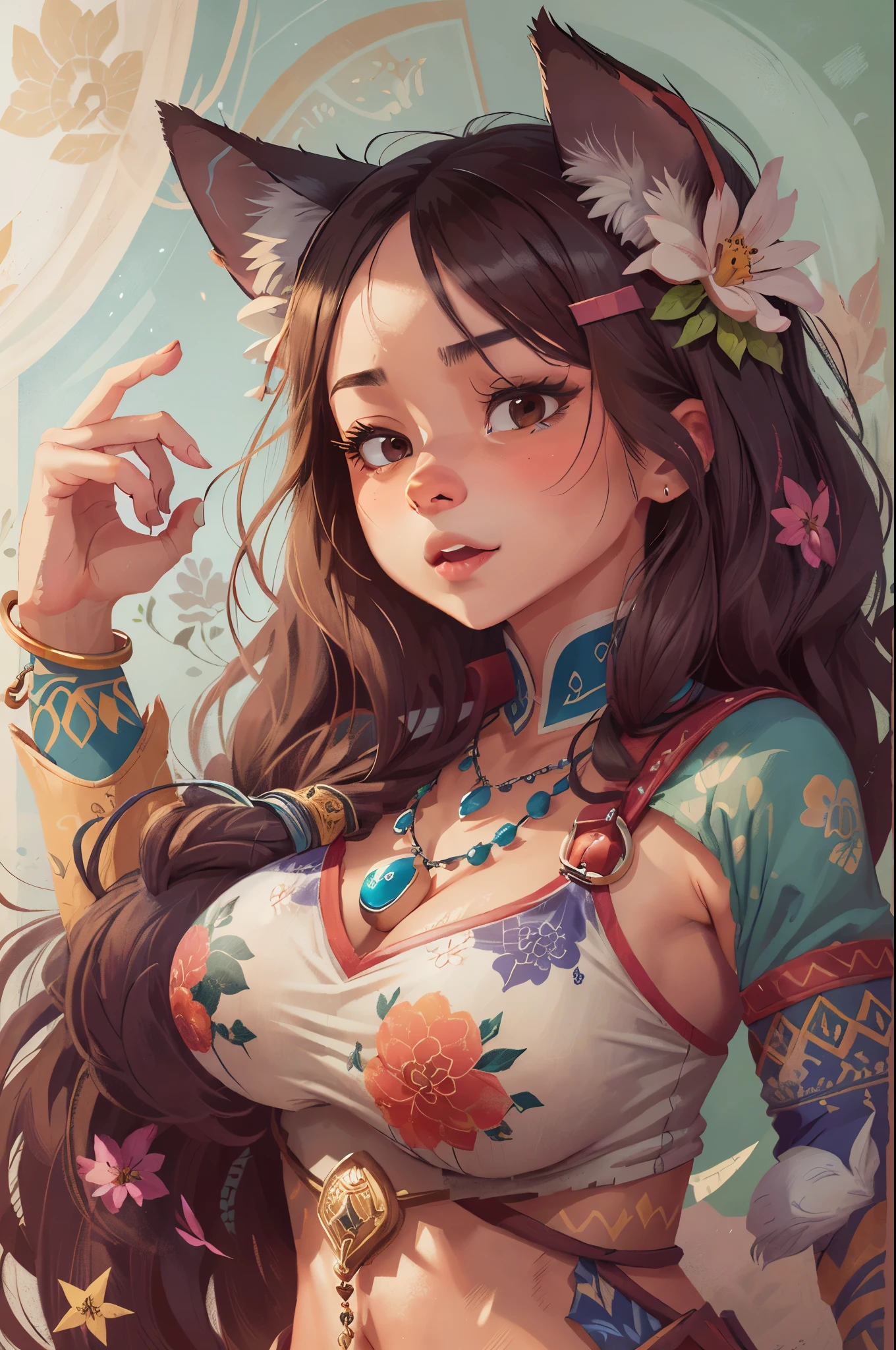 top quality, ancient Chinese beauty(highly detailed beautiful face and eyes)absurdres, perfect anatomy((beast woman, solo focus)) (((furry))) (furry anthro:1.7) ((((Furry body, fox facial features, fox body features)))) ((fox's muzzle, very detailed body fur))full body, dancing pose, gorgeous dress embroidered with intricate embroidery, transparent colorful ribbons tied around her arms, bare shoulders, open neck, wreath, black bun with flower hairpins Belts, armbands with streamers, necklaces, bracelets, anklets, metal chain tassels around the waist, Mogao Grottoes art, inspiration from Dunhuang Flying Apsaras murals, ink wash,