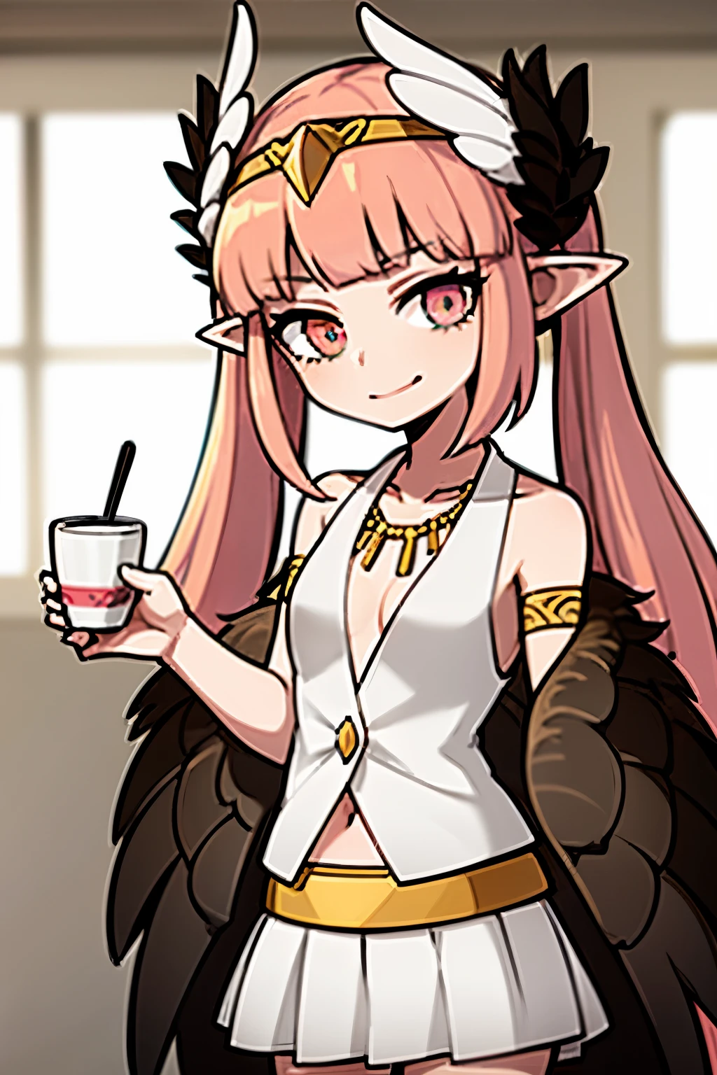 best quality, artwork, high resolution, Alone, {Circe_fgo:1.15}, pointy_ears, girl, small breasts, pink_hair, head_wings, wings, bangs, haywire_wings, long_hair, jewelry, smile, breasts, necklace, blush, Small_breasts, Multicolored_eyes, 1 girl, Cups , hairband, restraint, looking_at_viewer, twintails, framed in black_eyewear, labcono, shirt, eyewear_Removed, green_eyes, restraint_eyewear, long_sleeves, one_eye_closed, Open_mouth, pink_eyes, simple_Background, window
