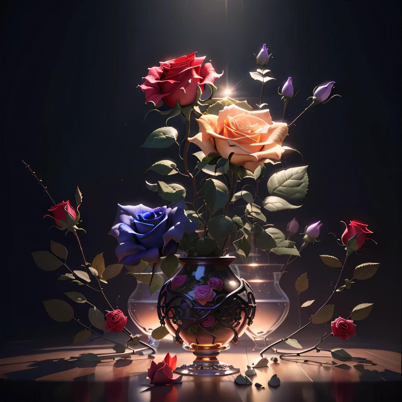 There is a vase of flowers on the table, roses in cinematic light, 🌺 cgsociety, melanchonic Rose soft light, High quality detailed 8k graphics, Ross Tran 8 K, beautiful digital images, Ruben Tam, 3D rendering stylized, Magic flowers, full of glass. cgsociety, Jason Chan, 3d rendered digital art