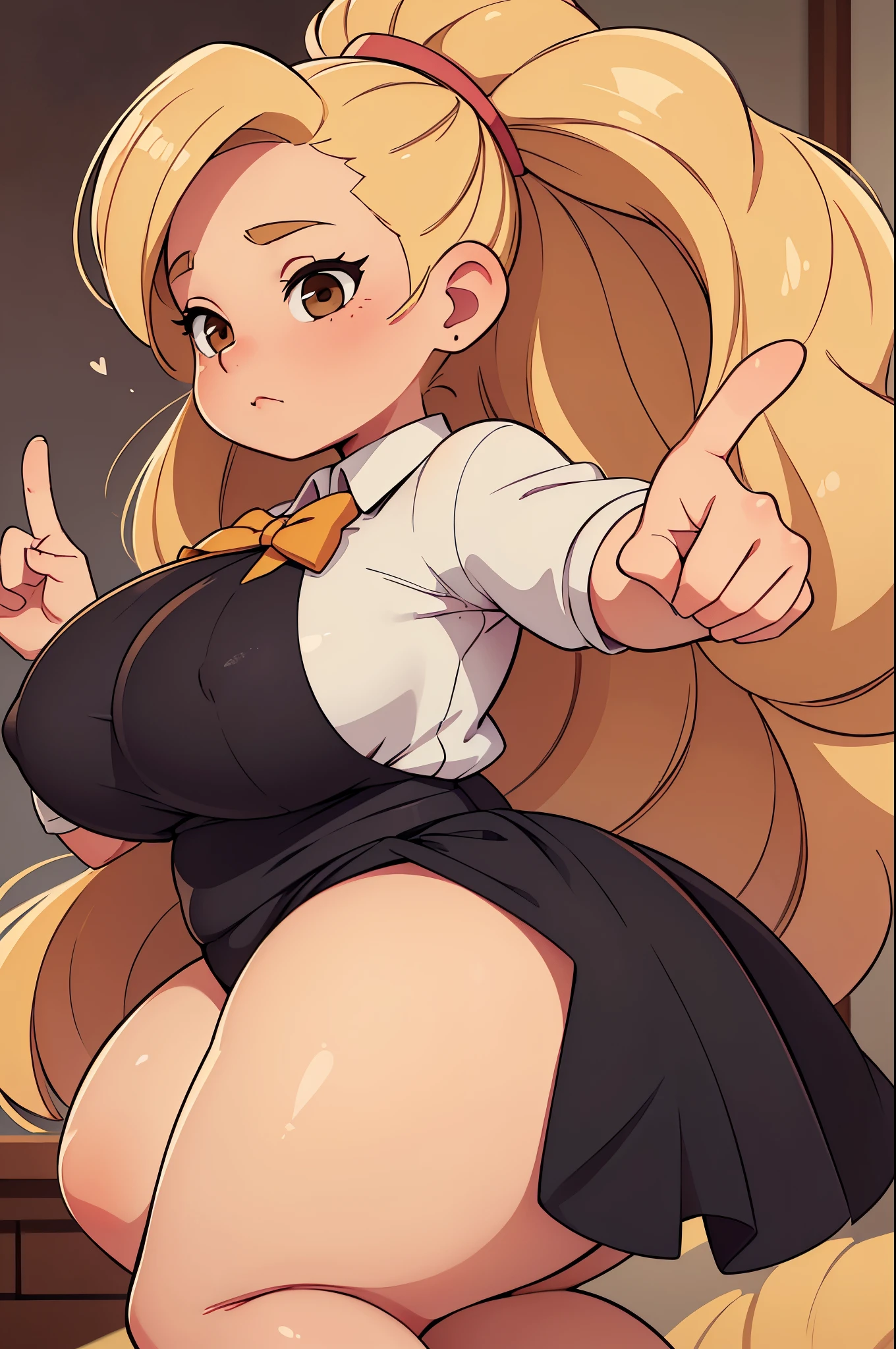 (Best quality), (top quality), (masterpiece), (portrait), (aesthetic), (beautiful), (high quality), (aesthetic clothings), (professional angle), (buxom), (pudgy), (Feminine), (woman), (female), (beautiful lady), (big ass), (long hair), (large breastasterpiece), (portrait), (aesthetic), (beautiful), (high quality), (professional angle), (rule of thirds), (Feminine), (woman), (female), (beautiful), (feminine features), (blonde) Drawing of a pudgy of late adolescence with rosy cheeks, brown eyes, creamy blonde hair. She is in a white dress with a prominent bow on her waist; she is wearing black dress shoes. She has muscular, toned, realistic feet and legs. Her legs are thick, fat, chubby, meaty, voluptuous, curvaceous, long, Rubenesque and plump. Her fat legs have varicose veins. She is posing with both hands making victory sign and with one leg up. She is embarrassed and her legs are crossed.