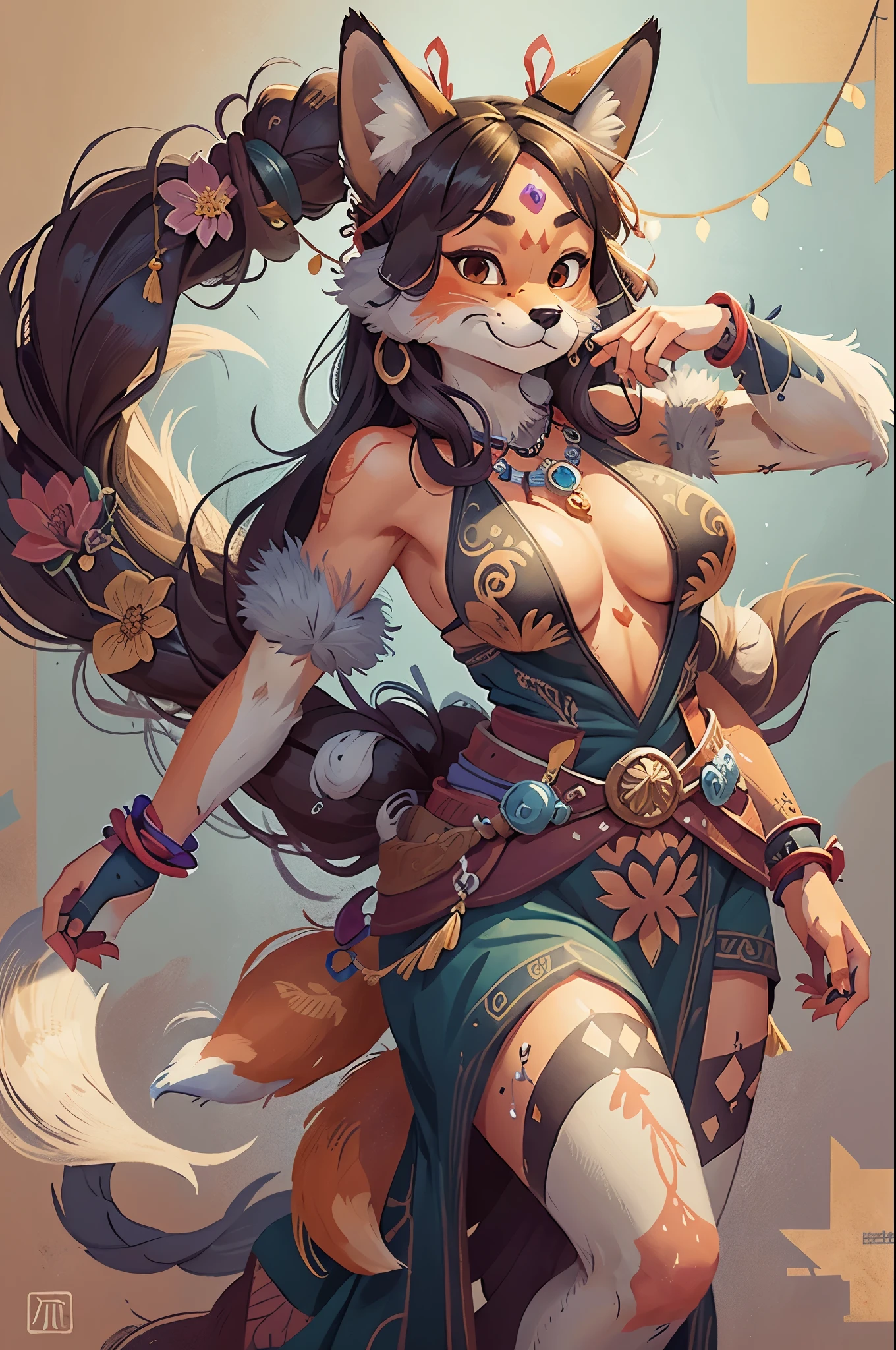 top quality, ancient Chinese beauty(highly detailed beautiful face and eyes)absurdres, perfect anatomy((beast woman, solo focus)) (((furry))) (furry anthro:1.7) ((((Furry body, fox facial features, fox body features)))) ((fox's muzzle, very detailed body fur))full body, dancing pose, gorgeous dress embroidered with intricate embroidery, transparent colorful ribbons tied around her arms, bare shoulders, open neck, wreath, black bun with flower hairpins Belts, armbands with streamers, necklaces, bracelets, anklets, metal chain tassels around the waist, Mogao Grottoes art, inspiration from Dunhuang Flying Apsaras murals, ink wash,