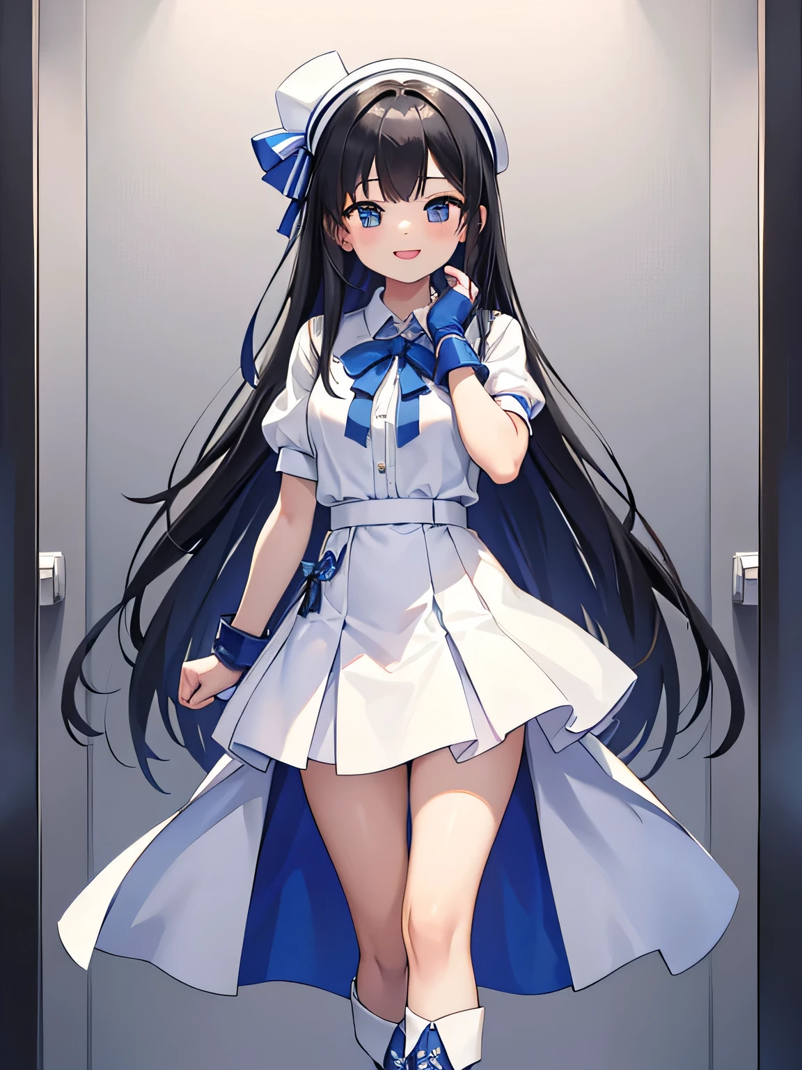 (1) A woman stands in a booth surrounded by pure white partitions on both ends.。. The background is all white cloth.
(2) because she is an idol、She is wearing a gorgeous blue outfit with a miniskirt.。. On my feet are long boots.
(3) she is standing with a big smile on her face.
(4) she has long black hair.
(5) She puts her hand out and waits for a handshake..
