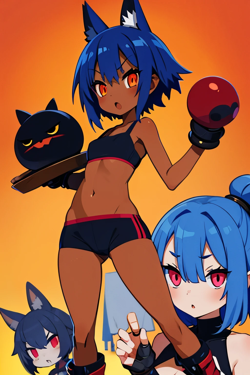 Dwarf Pygmy Slender Cat eyes Triangular mouth Red cheeks Blue hair Messy short hair Amber eyes Black pupils Black edge of the iris Dark skin Sports bra Bottoms Bust up