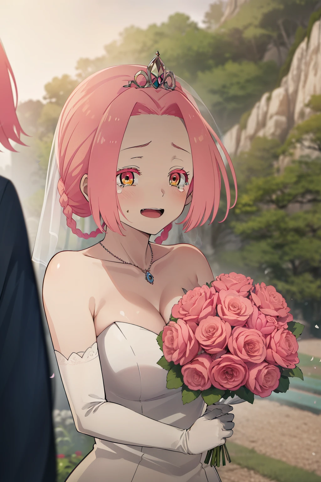 masterpiece, best quality, highres, aaichika,  tiara, bridal veil, necklace, cleavage, wedding dress, strapless dress, white dress, white gloves, elbow gloves, garden on background, smile, open mouth, tears, upper body, confetti, holding bouquet, bouquet, beatrix amerhauser, mei, pink hair, braid, gloves,