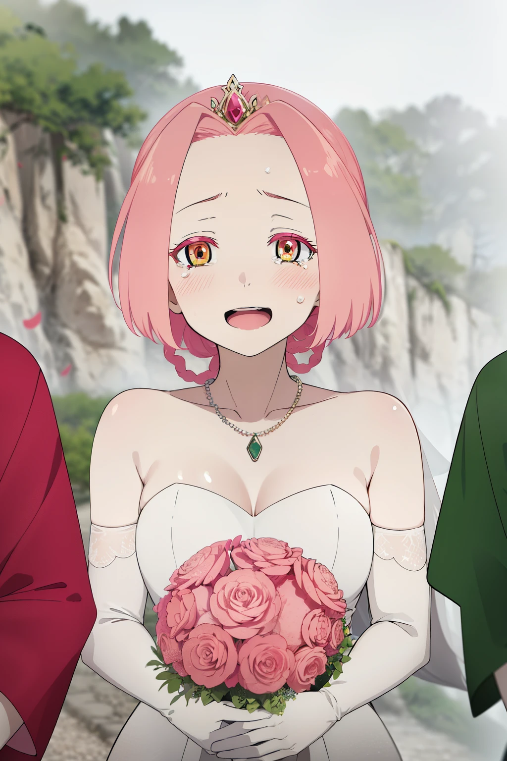 masterpiece, best quality, highres, aaichika,  tiara, bridal veil, necklace, cleavage, wedding dress, strapless dress, white dress, white gloves, elbow gloves, garden on background, smile, open mouth, tears, upper body, confetti, holding bouquet, bouquet, beatrix amerhauser, mei, pink hair, braid, gloves,