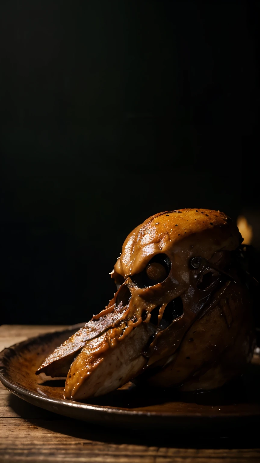 (best quality,4k,8k,highres,masterpiece:1.2),ultra-detailed,crusty chicken on plate,cooked chicken with juicy texture,bloody and eerie atmosphere,horror theme,steamy steam rising from the chicken plate,crispy and detailed chicken skin,terrifying and surreal presentation,haunting lighting enhancing the horror ambiance,dramatic shadows and highlights,grim and dark tones