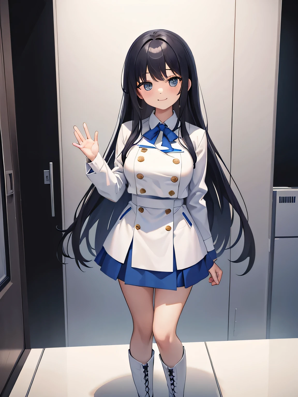 (1) A woman stands in a booth surrounded by pure white partitions on both ends.。. The background is all white cloth.
(2) because she is an idol、She is wearing a gorgeous blue outfit with a miniskirt.。. On my feet are long boots.
(3) she is standing with a big smile on her face.
(4) she has long black hair.
(5) She puts her hand out and waits for a handshake..