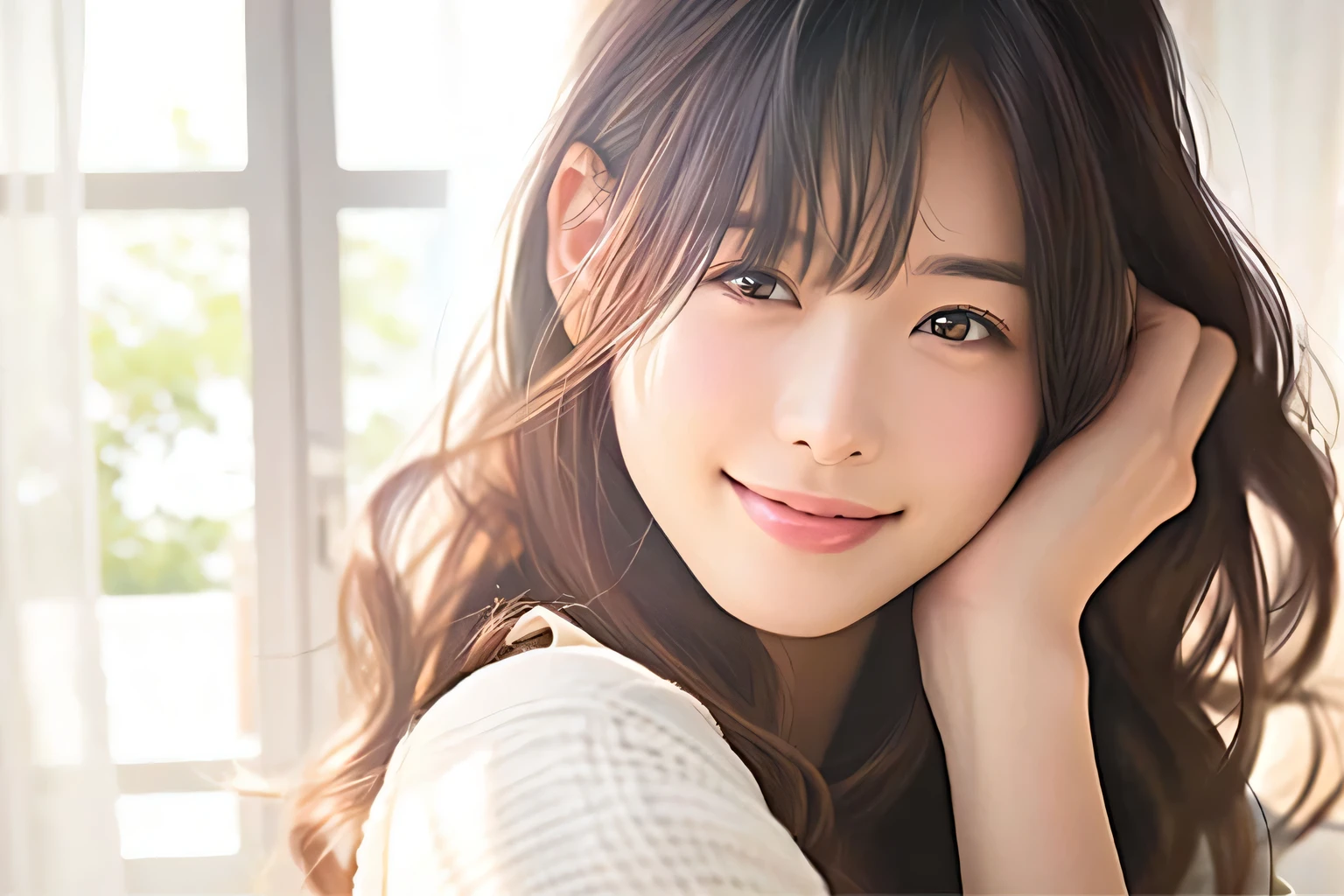 Background similar to the original image。bright living room。from the living room window、bright sunlight。a little green tree々。Very blurry background。very blurry background。Whitish background。There are no objects in the foreground of the person.。