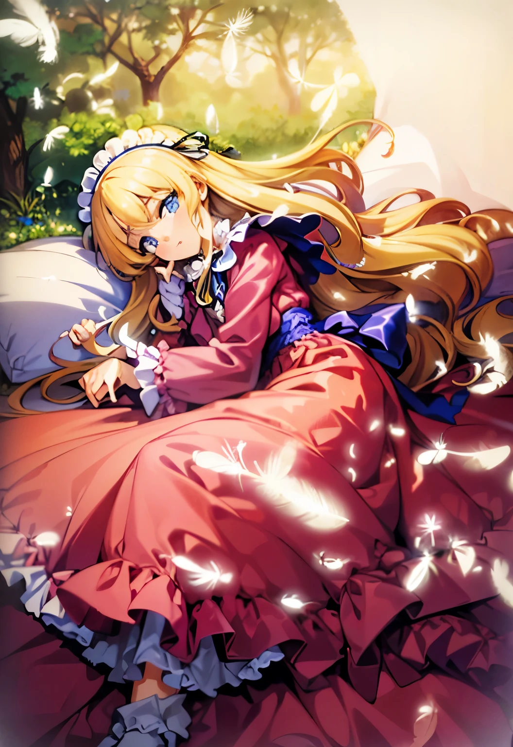,highest quality, masterpiece, highest resolution, artwork, super それにget used to it, many get used to it, get used to it, それにget used to it, 3K anime illustration,(( 10 year old girl)),Super detailed baby face,high quality small face,long blonde hair that grows to the waist,blue eyes,白い肌のeuropean,pajamas, european,(((super long blonde hair))),curly hair,blue eyes,((((ピンクのロリータファッションのlong skirtのワンピースドレス)))),((Pink dress with lots of frills and ribbons)),((Luxurious headdress with frills and ribbons)),detailed headdress,,(((big yoke collar))),Yoke collar with ruffles and ribbons,((((long sleeve)))),ruffle sleeves,((((long skirt)))),white ruffle and lace socks,large frill and ribbon pillow,detailed costume,many frilly pillows on the bed,super detailed background,detailed bed,romantic atmosphere,soft ruffle pillow,Beautiful girl illustration,detailed beautiful face detailed hair,detailed human eye ,detailed mouth, arm details,fine hands,detailed soft pillow,wide bed,Illustration on the bed,The girl is resting on a pile of soft pillows,surrounded by many pillows,(((fMany small white feathers dance)))),((((detailed small white feathers)))),