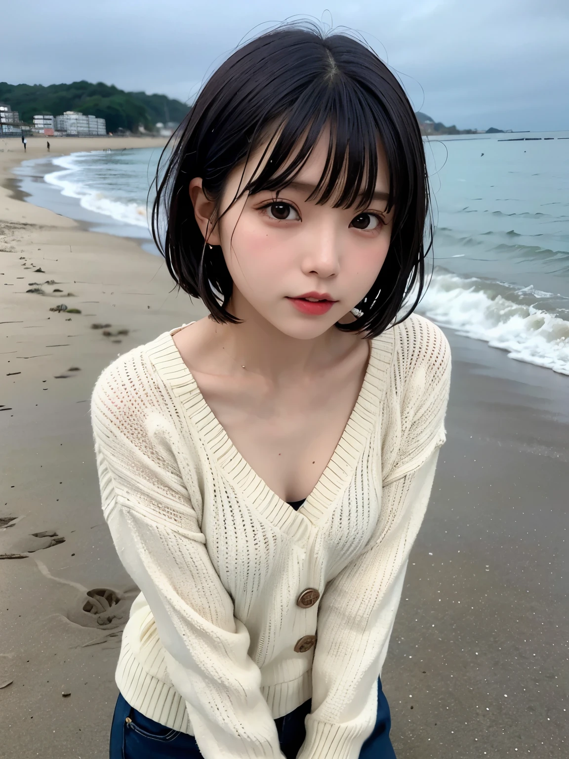 Best quality,raw photo , 19 years old Japanese female idol, leaning forward , v-neck sweater, Short hair, bowl cut ,cute face ,edgy,droop ,murky water , overflowing ,wet ,selfie, on the beach, rain,night,