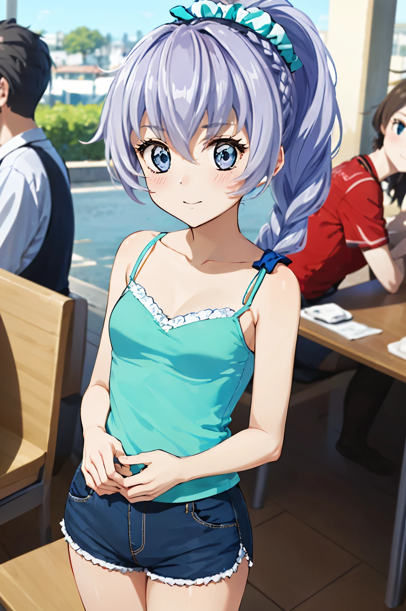 (Highest、Highestの品質、highly detailed beautiful eyes)、Highestの照明、perfect lighting、look at the audience、(1 girl、alone、dynamic angle)、(shining eyes、face、bangs、ponytail、long hair)、Teresa Testarossa、(short white camisole,:1.3), Navel exposed, shorts, Scrunchies on the arms, Braid、blush、(Highestの笑face:1.2)、In town、shopping、cowboy shot