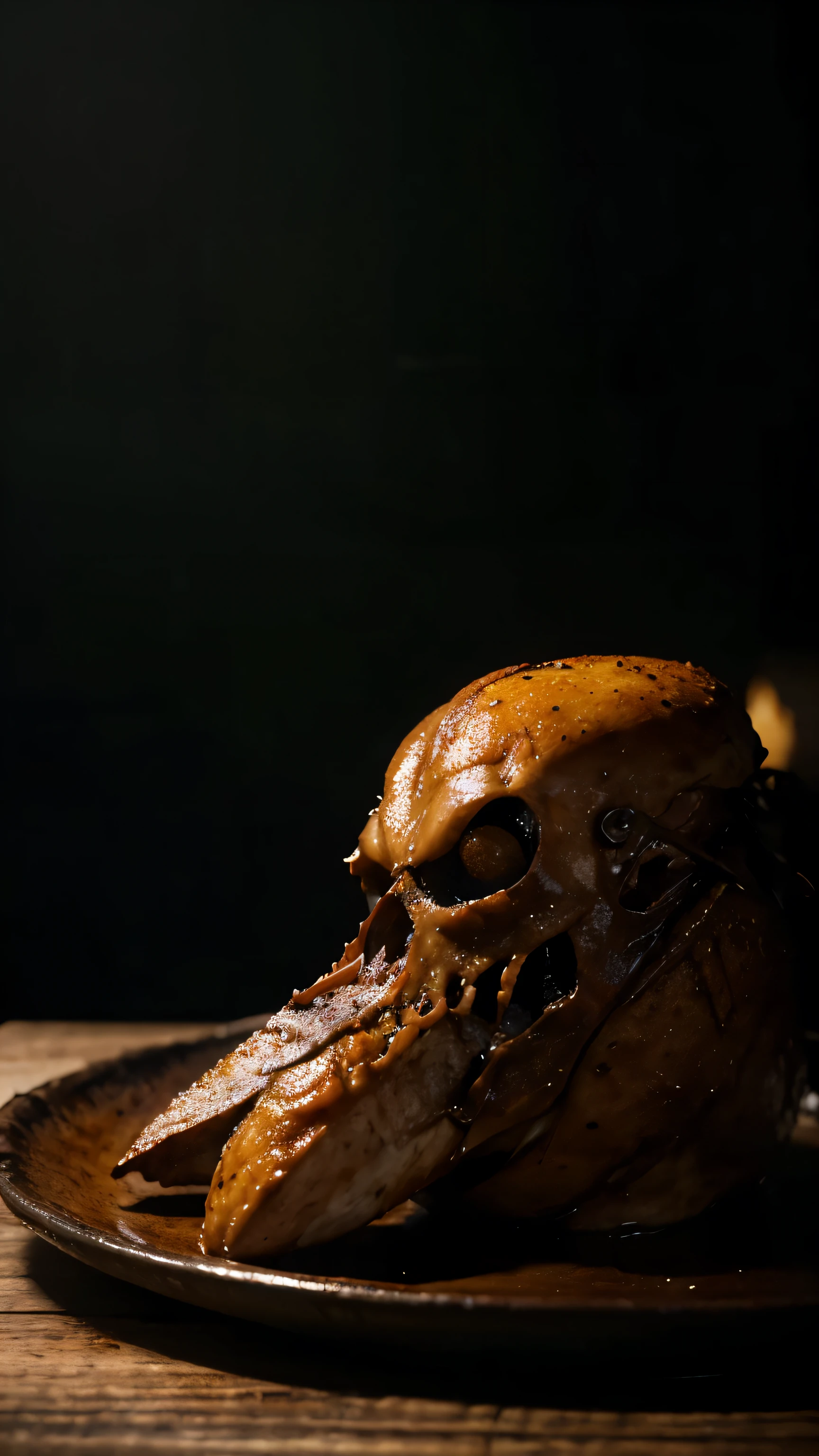 (best quality,4k,8k,highres,masterpiece:1.2),ultra-detailed,crusty chicken on plate,cooked chicken with juicy texture,bloody and eerie atmosphere,horror theme,steamy steam rising from the chicken plate,crispy and detailed chicken skin,terrifying and surreal presentation,haunting lighting enhancing the horror ambiance,dramatic shadows and highlights,grim and dark tones