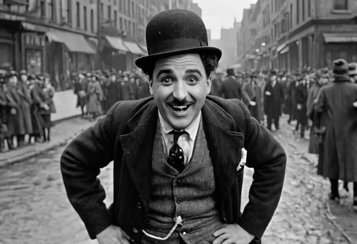 best quality,4k,8k,highres,masterpiece:1.2,ultra-detailed,realistic:1.37,Charlie Chaplin,black and white,classic film,cinematic,motion picture,great detail,charming face,detailed eyes and face,comical,humorous antics,silent film,slapstick comedy,historical masterpiece,iconic character,bowler hat,cane,baggy pants,mischievous smile,expressive eyebrows,funny facial expressions,charismatic,slightly chubby,playful,boots,retro,vintage setting,old-fashioned,1920s,fun and entertaining,charming background music,crowd scene,bustling city street,humorous situations,lively atmosphere,comedy genius,genius comic timing,master of physical comedy.