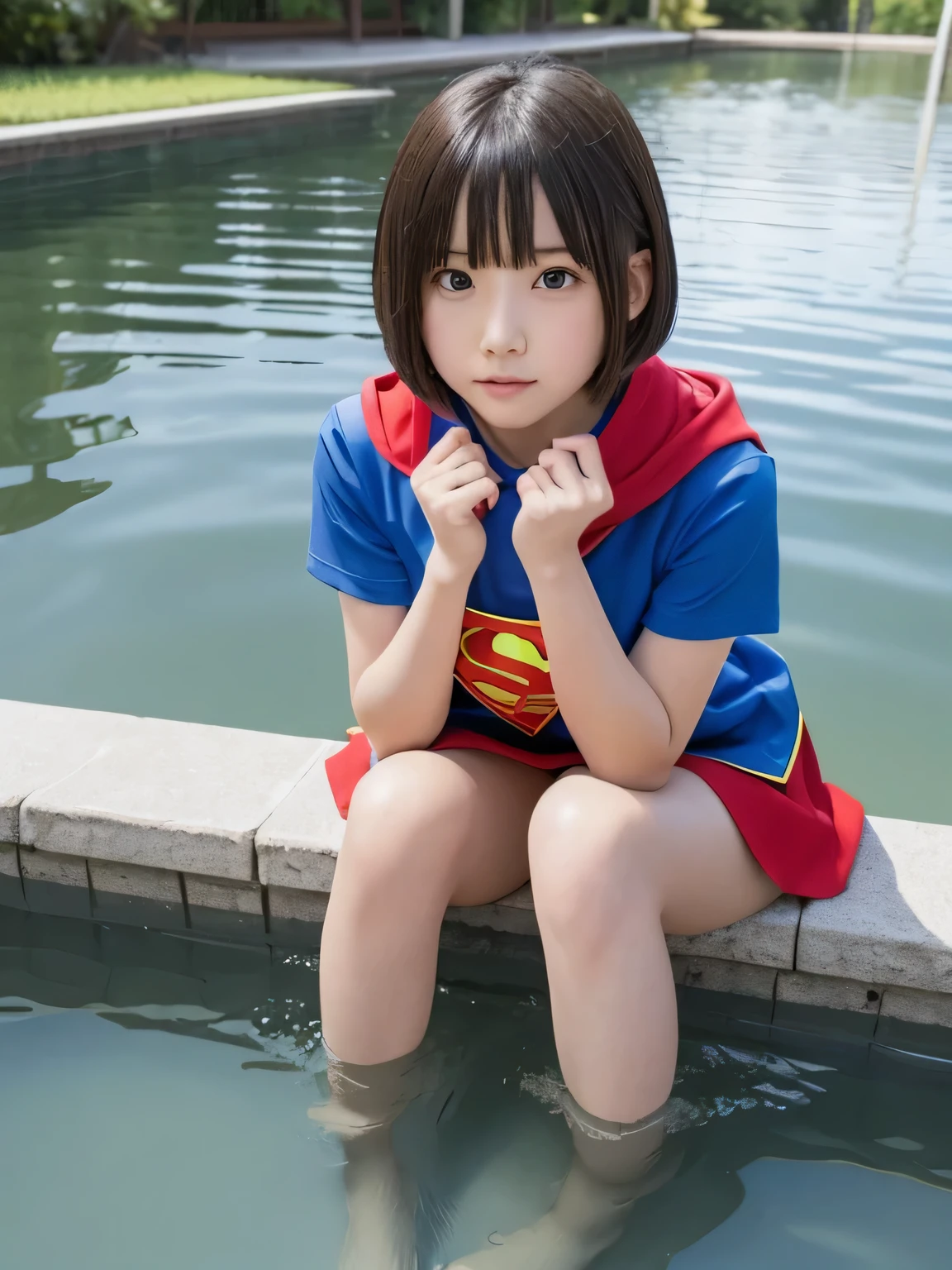 Elementary school student squats in a pond wearing Supergirl clothes.、Spreading black hair、bob cut with trimmed ends、(flat chest)、con、Highest、short sleeve、red cloak、(whole body)、embarrassing、10 yeak, extremely fine transparency, (symmetrical eyes:1.3), break, (temple, bell:1.3), break, (masterpiece, Highest品質, Super detailed, 8k)