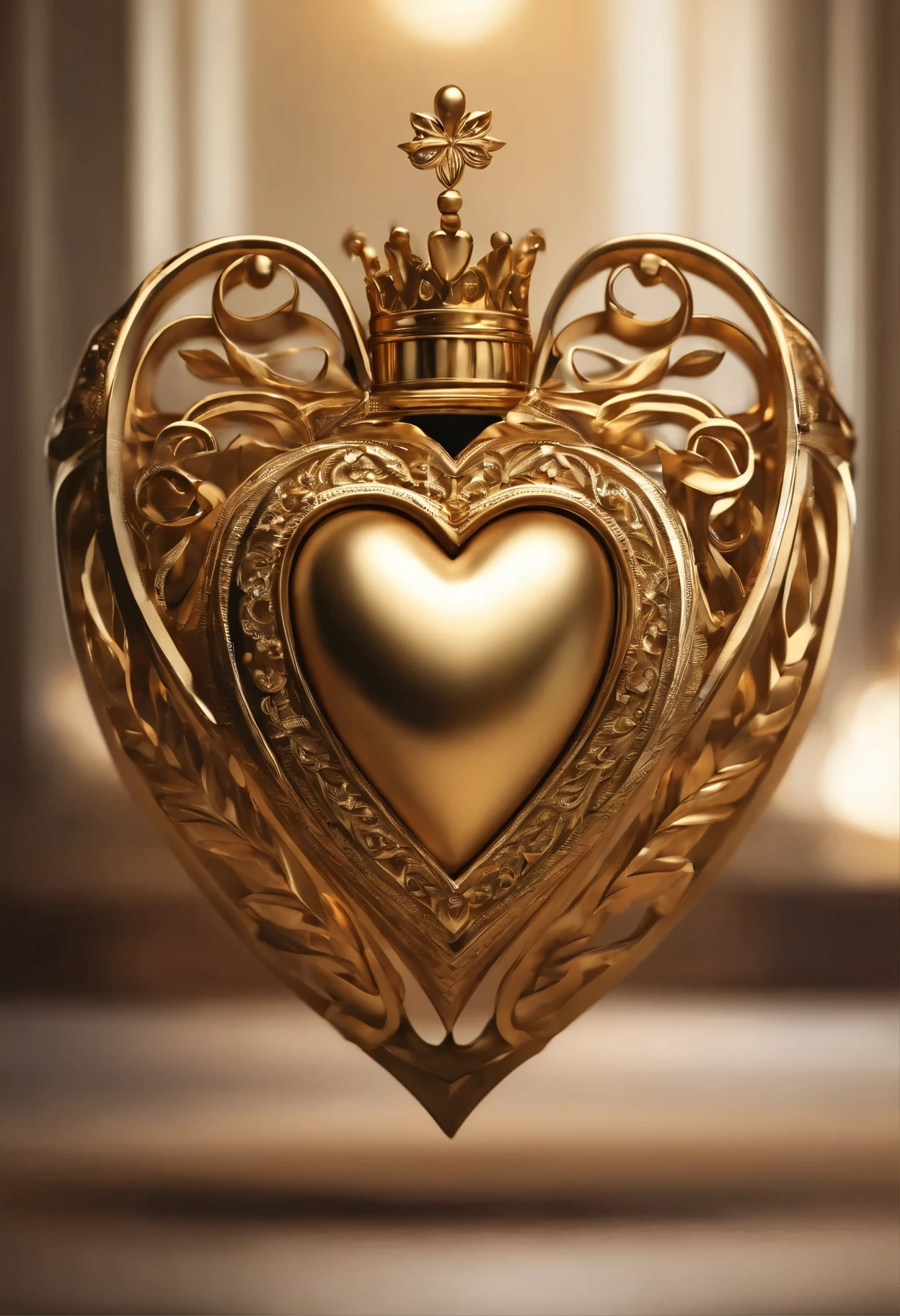Crie um logotipo de arte digital realista que exala beleza, sophistication, e luxo. The logo should only feature an intricately detailed golden heart to symbolize charm and elegance, crowned with a gold crown creating harmony with the heart. This work of art must exclusively use various shades of gold to convey a sense of refinement and extravagance.. O logotipo final deve ser uma obra de arte, capture the essence of love and power, of high standards and the emotional connection associated with it