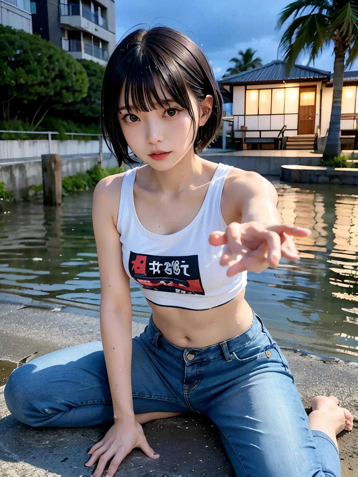 Best quality,raw photo  , 19 years old Japanese female idol, navel focus,lying on Ground,t-shirts, low rise pants,Short hair, bowl cut ,cute face  ,edgy,droop ,murky water , overflowing  ,wet ,selfie, on the beach, rain,night, 