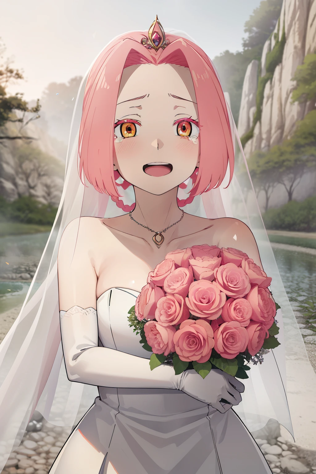 masterpiece, best quality, highres, aaichika,  tiara, bridal veil, necklace, cleavage, wedding dress, strapless dress, white dress, white gloves, elbow gloves, garden on background, smile, open mouth, tears, upper body, confetti, holding bouquet, bouquet, beatrix amerhauser, mei, pink hair, braid, gloves,