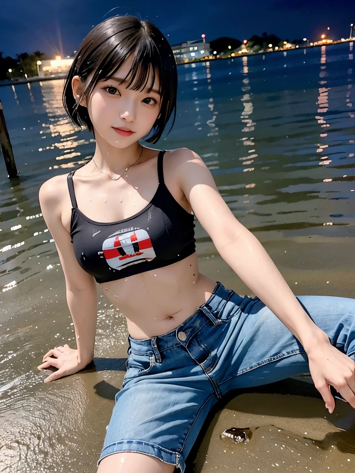 Best quality,raw photo  , 19 years old Japanese female idol, navel focus,lying on Ground,t-shirts, low rise pants,Short hair, bowl cut ,cute face  ,edgy,droop ,murky water , overflowing  ,wet ,selfie, on the beach, rain,night, 