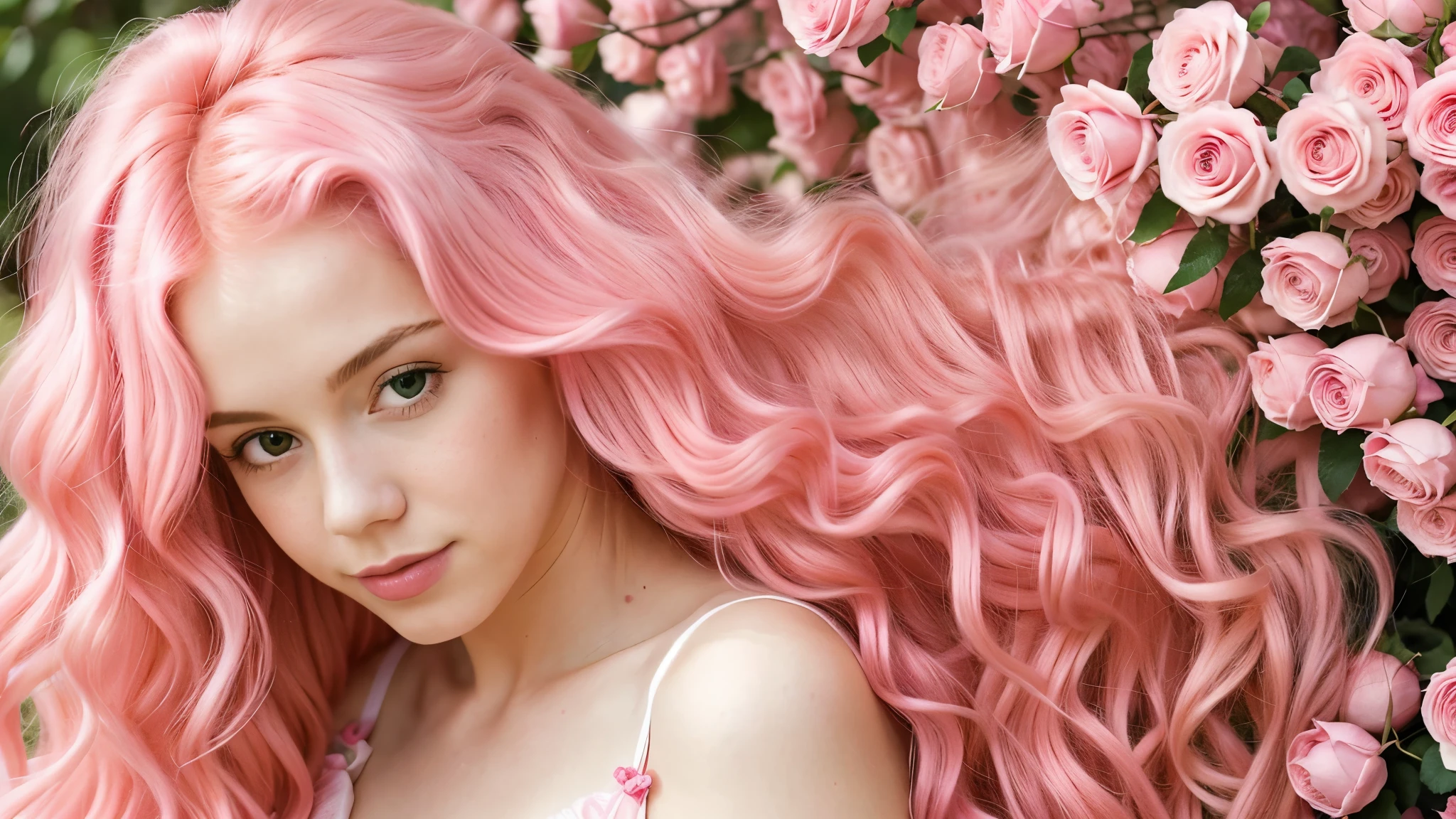 (best quality, high definition),vivid colors,beautiful detailed pink hair,pink haired girl,pink hair,flowing pink curls,playful curls,long and silky pink hair,pink hair cascades,soft and vibrant pink curls,(portrait:feminine) :1.2),(anime:1.1),rose pink shades,magical charming hair,shiny (pastel pink) (pink) color tags, ultra textured skin