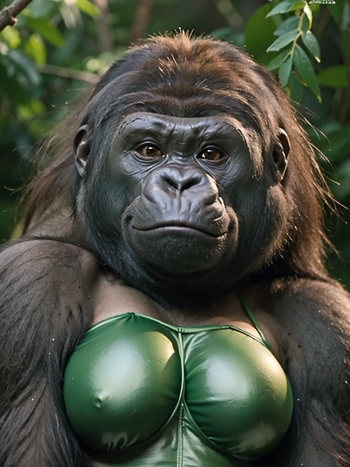 ((female gorilla)), ((mega breasts)),((wearing green bikini)) //full body, (breast squeeze:1.3), (chubby:1.2), Photo realistic, High resolution, detailed background, detailed beautiful skin, detailed nose, (solo shot:1.23), (((nice hand, perfect hand))), clear eyes,//in the tokyo,