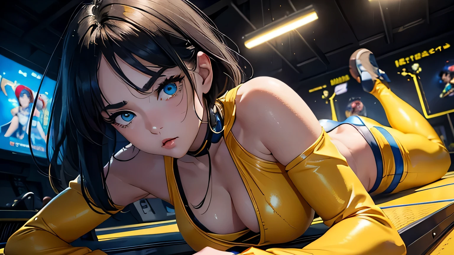 4K, A high resolution, Best quality at best, masterpiece, perfect colors, perfect shadow, perfect litthing, ((sportrait)), 1woman, fit body, heterochromia eyes，dark blue hair , blue eyes, With round lenses, The audience watched carefully, (s face: 1.2), Perfect female figure, ((dynamic pose)), ((yellow crop top, half breast open, yellow leather suit)), ((shy and looking at viewert)), (Perfect thick white eyebrows) Delicate fur, 详细s face, s the perfect face,  , (retro arcade game background), ((Bonifasko lighting)), (The round lenses on his eyes)(detailed eyes), (Face close up), Perfect student, 