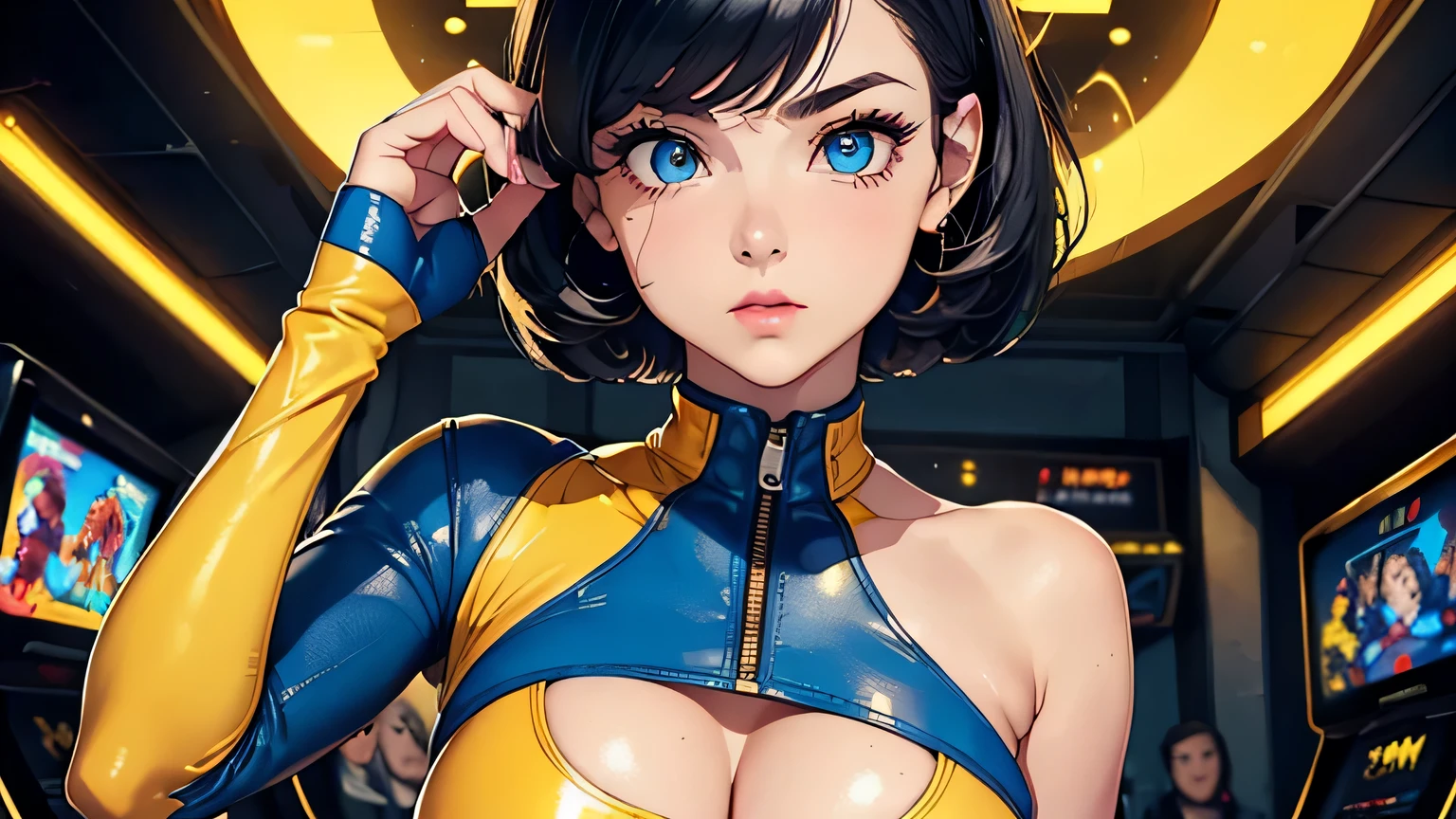 4K, A high resolution, Best quality at best, masterpiece, perfect colors, perfect shadow, perfect litthing, ((sportrait)), 1woman, fit body, heterochromia eyes，dark blue hair , blue eyes, With round lenses, The audience watched carefully, (s face: 1.2), Perfect female figure, ((dynamic pose)), ((yellow crop top, half breast open, yellow leather suit)), ((shy and looking at viewert)), (Perfect thick white eyebrows) Delicate fur, 详细s face, s the perfect face,  , (retro arcade game background), ((Bonifasko lighting)), (The round lenses on his eyes)(detailed eyes), (Face close up), Perfect student, 