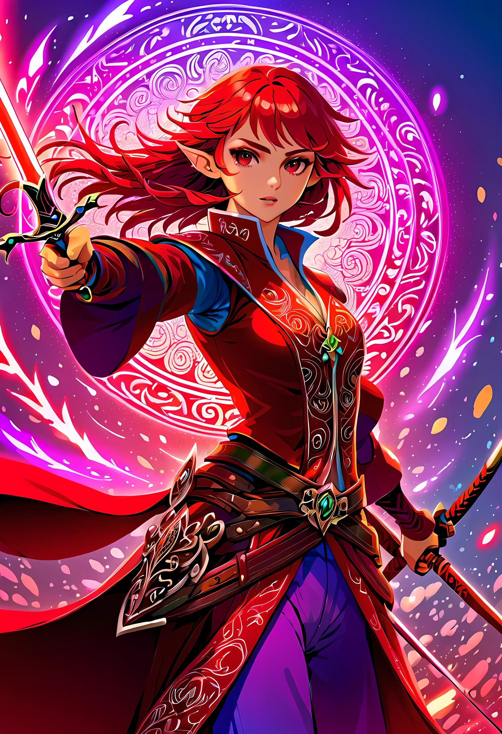 a picture of a female elf (intense details, Masterpiece, best quality: 1.5) fantasy swashbuckler, fantasy fencer, armed with a slim sword, shinning sword, metallic shine, colorful clothes, dynamic clothing, an ultra wide shot, full body (intense details, Masterpiece, best quality: 1.5)epic beautiful female elf (intense details, Masterpiece, best quality: 1.5), rich hair, braided hair, small pointed ears, GlowingRunesAI_red  [colorful magical sigils in the air],[ colorful arcane markings floating] (intricate details, Masterpiece, best quality: 1.6), holding a [sword] (intricate details, Masterpiece, best quality: 1.6) holding a [sword glowing in red light]fantasy urban street (intense details, Masterpiece, best quality: 1.5),  purple cloak, long cloak (intense details, Masterpiece, best quality: 1.5), sense of daring, sense of adventure,  high details, best quality, 8k, [ultra detailed], masterpiece, best quality, (extremely detailed), dynamic angle, ultra wide shot, photorealistic, RAW, fantasy art, dnd art,fantasy art, realistic art,