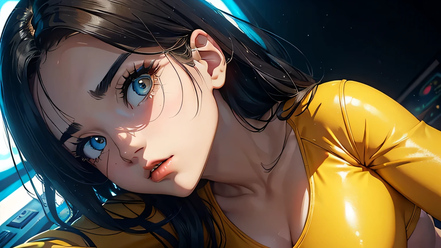 4K, A high resolution, Best quality at best, masterpiece, perfect colors, perfect shadow, perfect litthing, ((sportrait)), 1woman, fit body, heterochromia eyes,dark blue hair , blue eyes, With round lenses, The audience watched carefully, (s face: 1.2), Perfect female figure, ((dynamic pose)), ((yellow crop top, half breast open, yellow leather suit)), ((shy and looking at viewert)), (Perfect thick white eyebrows) Delicate fur, 详细s face, s the perfect face, , (retro arcade game background), ((Bonifasko lighting)), (The round lenses on his eyes)(detailed eyes), (Face close up), Perfect student,