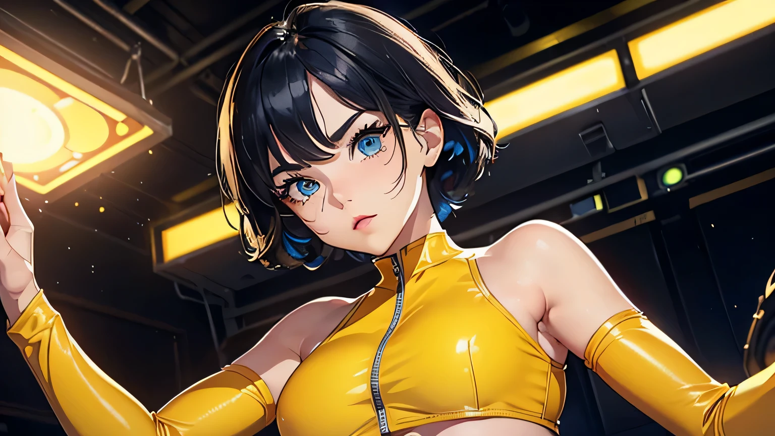 4K, A high resolution, Best quality at best, masterpiece, perfect colors, perfect shadow, perfect litthing, ((sportrait)), 1woman, fit body, heterochromia eyes，dark blue hair , blue eyes, With round lenses, The audience watched carefully, (s face: 1.2), Perfect female figure, ((dynamic pose)), ((yellow crop top, half breast open, yellow leather suit)), ((shy and looking at viewert)), (Perfect thick white eyebrows) Delicate fur, 详细s face, s the perfect face,  , (retro arcade game background), ((Bonifasko lighting)), (The round lenses on his eyes)(detailed eyes), (Face close up), Perfect student, 