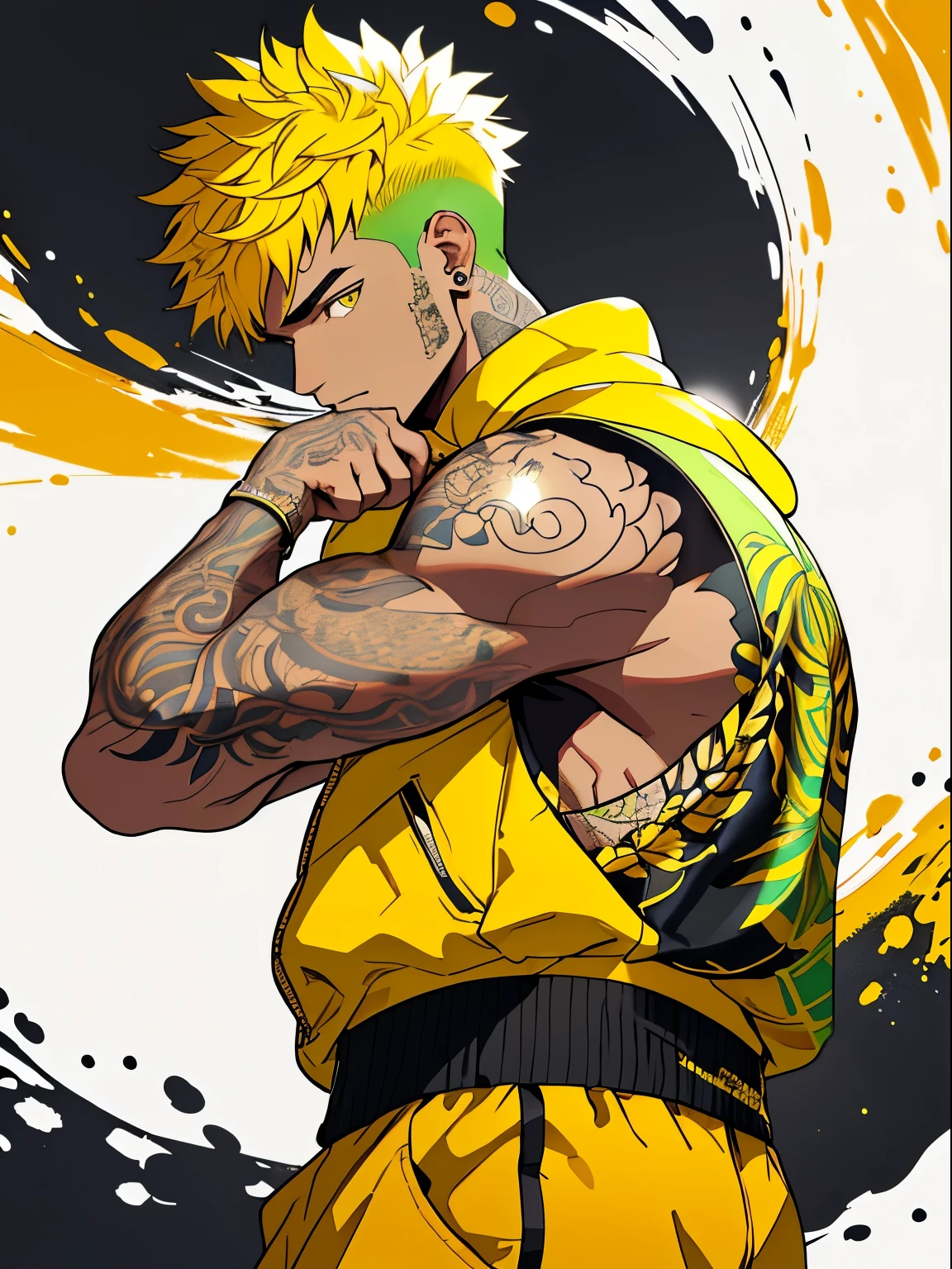 verde: 1.5, amarelo ocre: 1.1, Branco: 1.3, amarelo: 1.3, (rapper com cabelo Draw pavor), tatuagens, (roupas puffer do poder: 1.2), flor, folhas, muito nevoeiro, linhas, background circles.