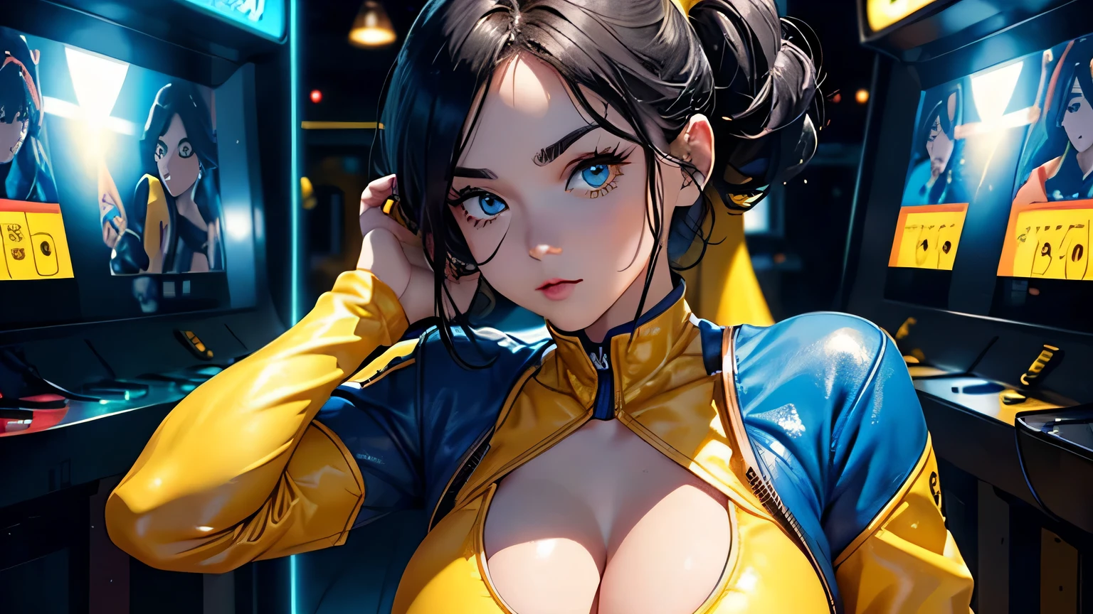 4K, A high resolution, Best quality at best, masterpiece, perfect colors, perfect shadow, perfect litthing, ((sportrait)), 1woman, fit body, heterochromia eyes，dark blue hair , blue eyes, With round lenses, The audience watched carefully, (s face: 1.2), Perfect female figure, ((dynamic pose)), ((yellow crop top, half breast open, yellow leather suit)), ((shy and looking at viewert)), (Perfect thick white eyebrows) Delicate fur, 详细s face, s the perfect face,  , (retro arcade game background), ((Bonifasko lighting)), (The round lenses on his eyes)(detailed eyes), (Face close up), Perfect student, 