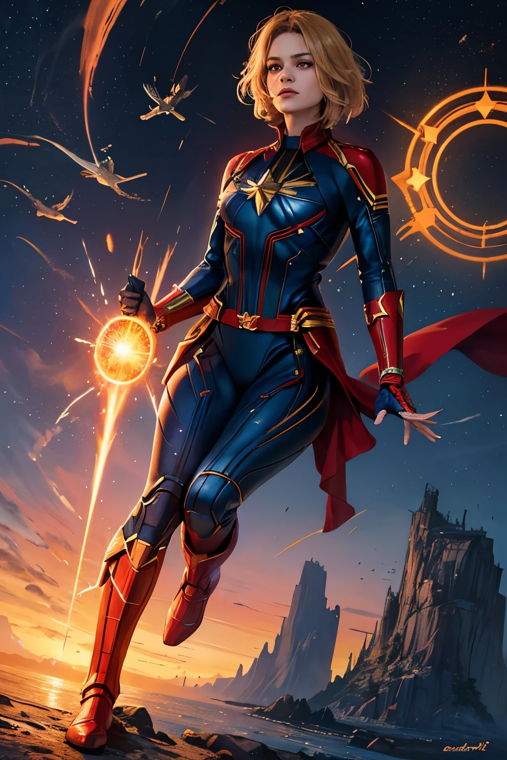captain marvel poster, in the style of Emila Medková, solarpunk, dynamic energy, UHD image, dark blue and red hues, full body portrayal, transparent transitional marine scenes, intricately detailed, radiant solar panels, vibrant vegetation, harmonious fusion of technology and nature, a sense of optimism and progress, Emila Medková's signature surrealist yet realistic approach, stunningly rendered, a visual representation of Captain Marvel's power and connection to the environment.