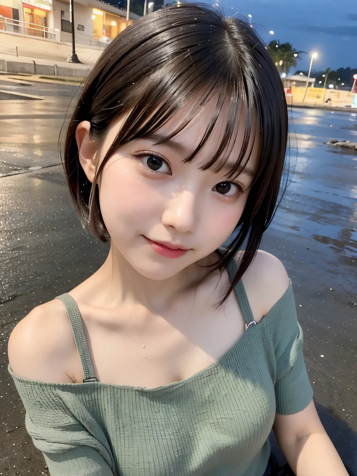 Best quality,raw photo  , 19 years old Japanese female idol, from above ,
selfie,lying on Ground,off-the-shoulder top,Short hair, bowl cut ,cute face  ,edgy,droop ,murky water , overflowing  ,wet ,selfie, on the beach, rain,night, 