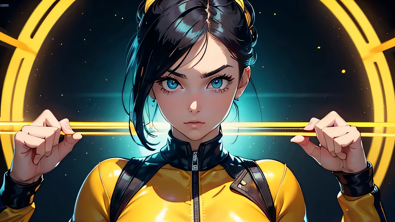 4K, A high resolution, Best quality at best, masterpiece, perfect colors, perfect shadow, perfect litthing, ((sportrait)), 1woman, fit body, heterochromia eyes，dark blue hair , blue eyes, With round lenses, The audience watched carefully, (s face: 1.2), Perfect female figure, ((dynamic pose)), ((yellow crop top, half breast open, yellow leather suit)), ((shy and looking at viewert)), (Perfect thick white eyebrows) Delicate fur, 详细s face, s the perfect face,  , (retro arcade game background), ((Bonifasko lighting)), (The round lenses on his eyes)(detailed eyes), (Face close up), Perfect student, 