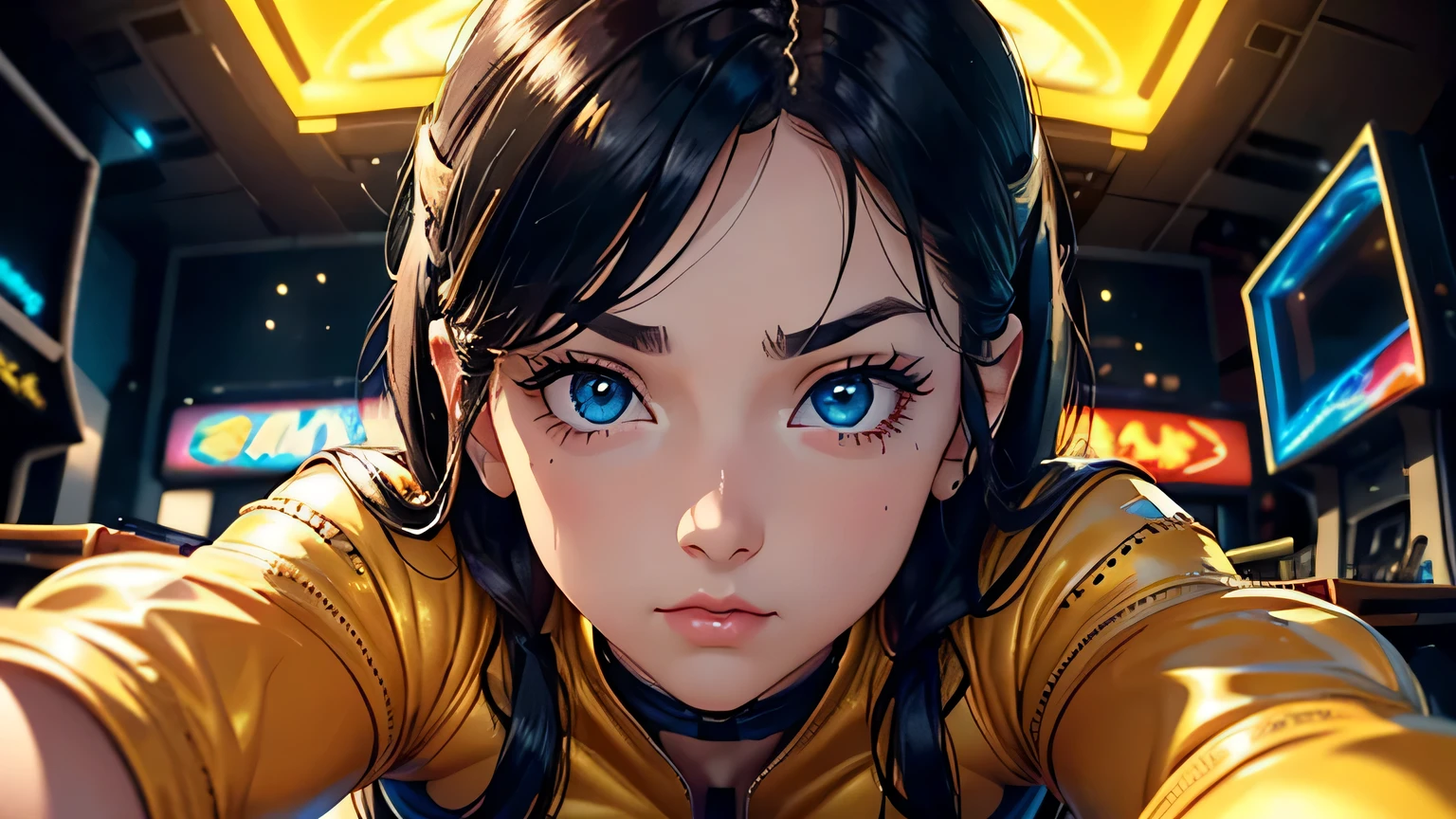 4K, A high resolution, Best quality at best, masterpiece, perfect colors, perfect shadow, perfect litthing, ((sportrait)), 1woman, fit body, heterochromia eyes，dark blue hair , blue eyes, With round lenses, The audience watched carefully, (s face: 1.2), Perfect female figure, ((dynamic pose)), ((yellow crop top, half breast open, yellow leather suit)), ((shy and looking at viewert)), (Perfect thick white eyebrows) Delicate fur, 详细s face, s the perfect face,  , (retro arcade game background), ((Bonifasko lighting)), (The round lenses on his eyes)(detailed eyes), (Face close up), Perfect student, 