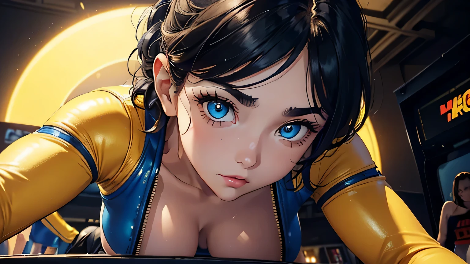 4K, A high resolution, Best quality at best, masterpiece, perfect colors, perfect shadow, perfect litthing, ((sportrait)), 1woman, fit body, heterochromia eyes,dark blue hair , blue eyes, With round lenses, The audience watched carefully, (s face: 1.2), Perfect female figure, ((dynamic pose)), ((yellow crop top, half breast open, yellow leather suit)), ((shy and looking at viewert)), (Perfect thick white eyebrows) Delicate fur, 详细s face, s the perfect face, , (retro arcade game background), ((Bonifasko lighting)), (The round lenses on his eyes)(detailed eyes), (Face close up), Perfect student,
