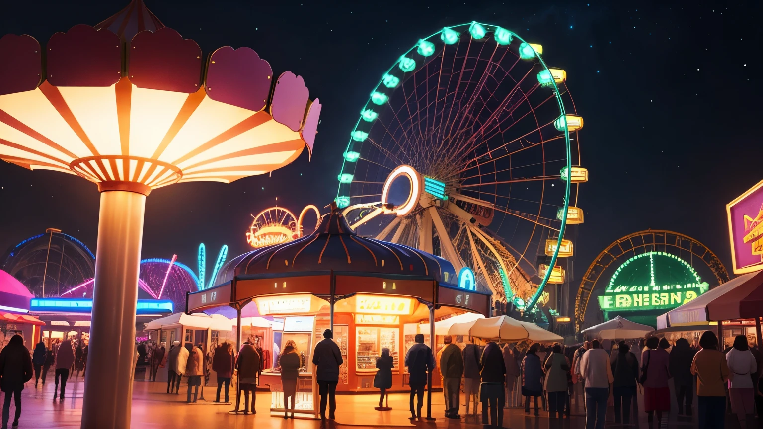 landscape of an amusement park at night, side view