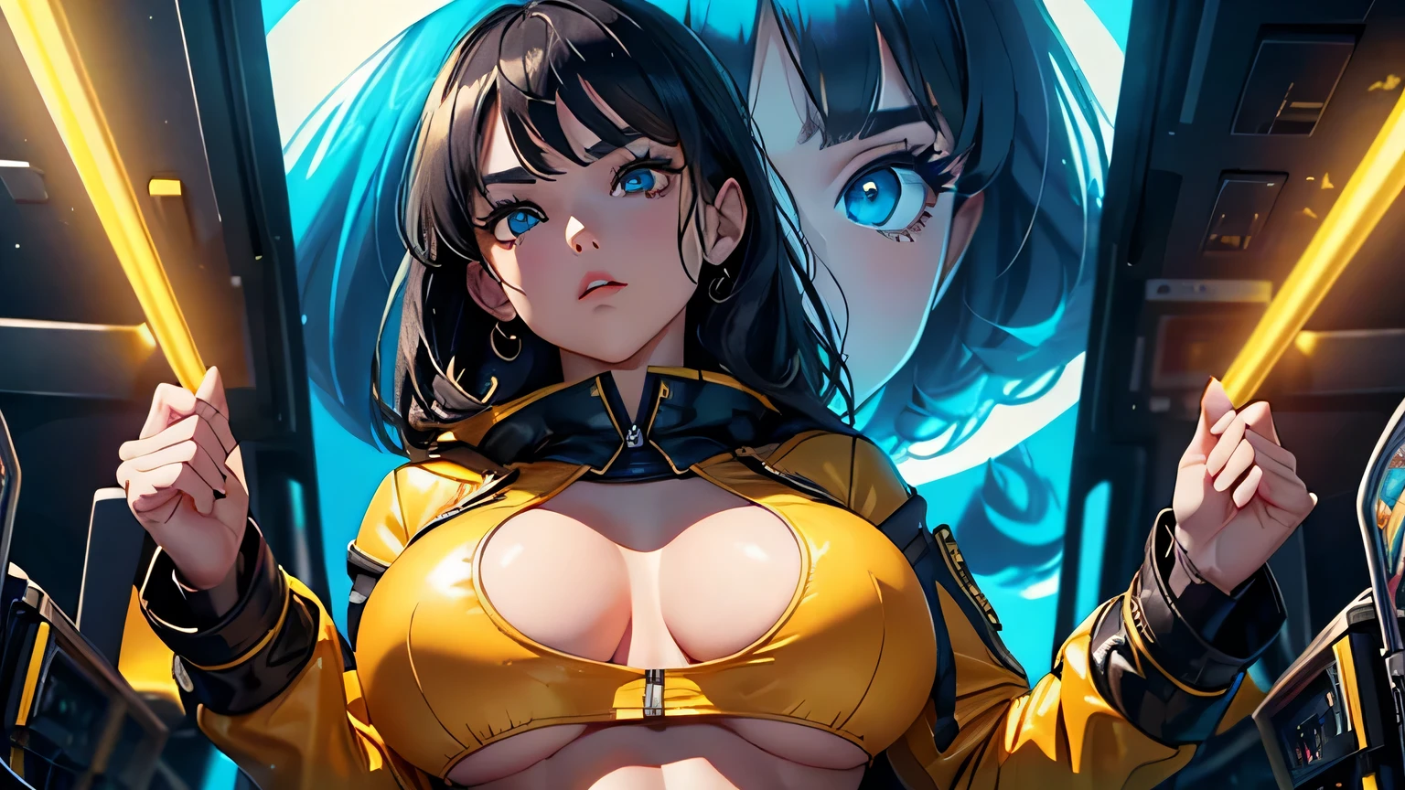 4K, A high resolution, Best quality at best, masterpiece, perfect colors, perfect shadow, perfect litthing, ((sportrait)), 1woman, fit body, heterochromia eyes，dark blue hair , blue eyes, With round lenses, The audience watched carefully, (s face: 1.2), Perfect female figure, ((dynamic pose)), ((yellow crop top, half breast open, yellow leather suit)), ((shy and looking at viewert)), (Perfect thick white eyebrows) Delicate fur, 详细s face, s the perfect face,  , (retro arcade game background), ((Bonifasko lighting)), (The round lenses on his eyes)(detailed eyes), (Face close up), Perfect student, 