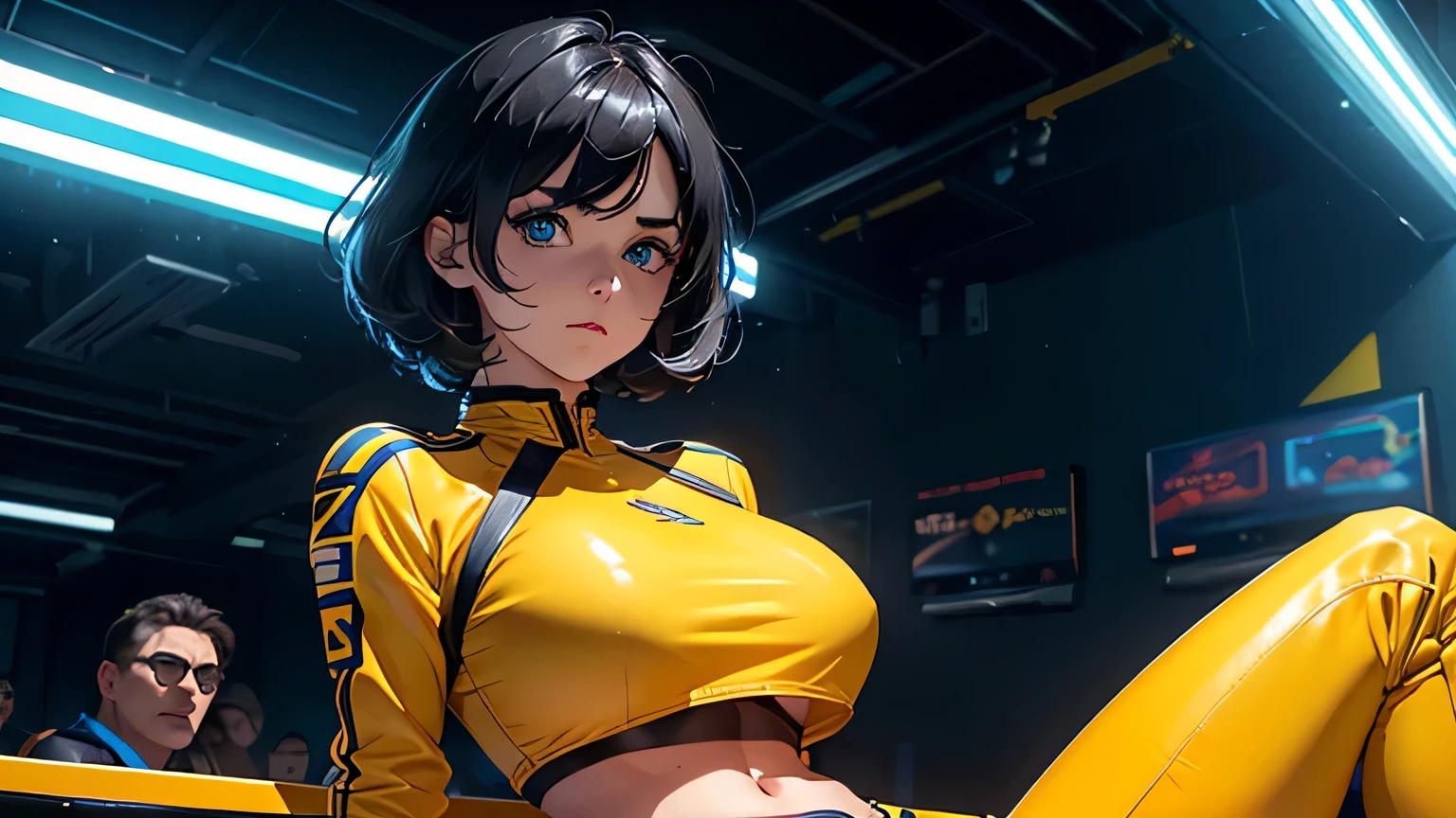 4K, A high resolution, Best quality at best, masterpiece, perfect colors, perfect shadow, perfect litthing, ((sportrait)), 1woman, fit body, heterochromia eyes,dark blue hair , blue eyes, With round lenses, The audience watched carefully, (s face: 1.2), Perfect female figure, ((dynamic pose)), ((yellow crop top, half breast open, yellow leather suit)), ((shy and looking at viewert)), (Perfect thick white eyebrows) Delicate fur, 详细s face, s the perfect face, , (retro arcade game background), ((Bonifasko lighting)), (The round lenses on his eyes)(detailed eyes), (Face close up), Perfect student,