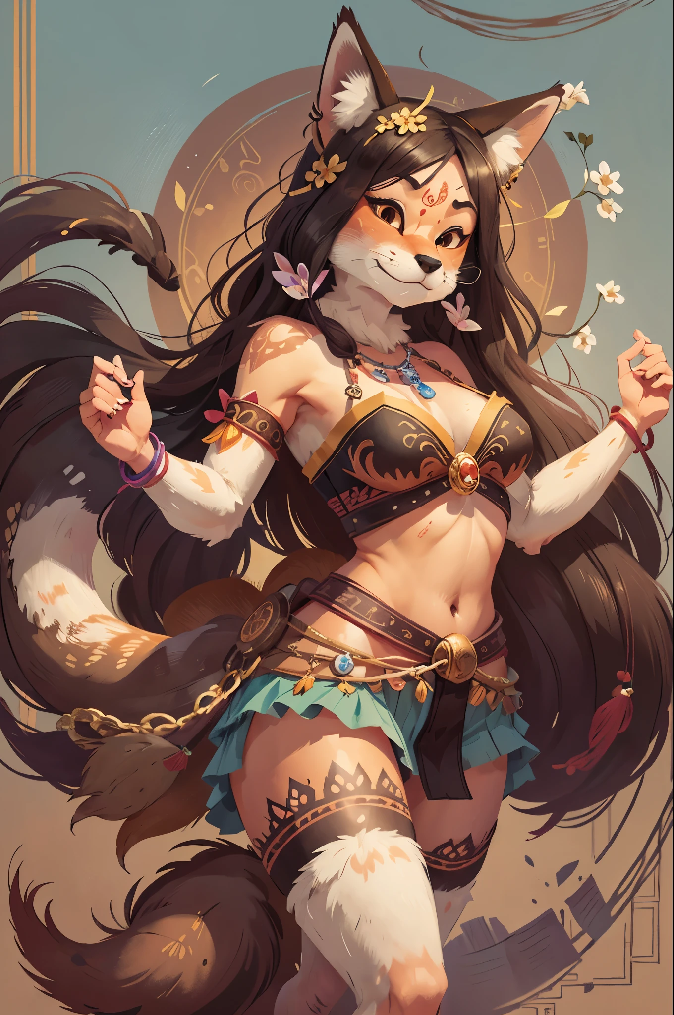 top quality, ancient Chinese beauty(highly detailed beautiful face and eyes)absurdres, perfect anatomy((beast woman, solo focus)) (((furry))) (furry anthro:1.7) ((((Furry body, fox facial features, fox body features)))) ((fox's muzzle, very detailed body fur))full body, dancing pose, gorgeous dress embroidered with intricate embroidery, transparent colorful ribbons tied around her arms, bare shoulders, open neck, wreath, black bun with flower hairpins Belts, armbands with streamers, necklaces, bracelets, anklets, metal chain tassels around the waist, Mogao Grottoes art, inspiration from Dunhuang Flying Apsaras murals, ink wash,