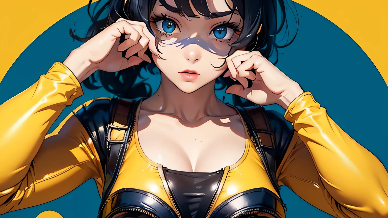 4K, A high resolution, Best quality at best, masterpiece, perfect colors, perfect shadow, perfect litthing, ((sportrait)), 1woman, fit body, heterochromia eyes,dark blue hair , blue eyes, With round lenses, The audience watched carefully, (s face: 1.2), Perfect female figure, ((dynamic pose)), ((yellow crop top, half breast open, yellow leather suit)), ((shy and looking at viewert)), (Perfect thick white eyebrows) Delicate fur, 详细s face, s the perfect face, , (retro arcade game background), ((Bonifasko lighting)), (The round lenses on his eyes)(detailed eyes), (Face close up), Perfect student,