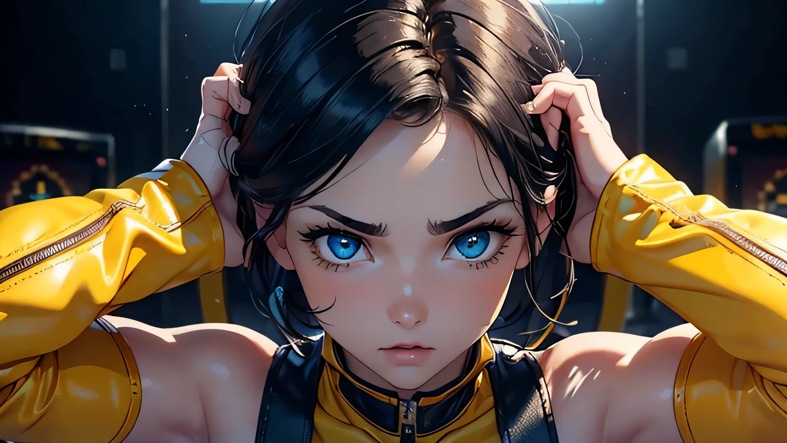4K, A high resolution, Best quality at best, masterpiece, perfect colors, perfect shadow, perfect litthing, ((sportrait)), 1woman, fit body, heterochromia eyes,dark blue hair , blue eyes, With round lenses, The audience watched carefully, (s face: 1.2), Perfect female figure, ((dynamic pose)), ((yellow crop top, half breast open, yellow leather suit)), ((shy and looking at viewert)), (Perfect thick white eyebrows) Delicate fur, 详细s face, s the perfect face, , (retro arcade game background), ((Bonifasko lighting)), (The round lenses on his eyes)(detailed eyes), (Face close up), Perfect student,