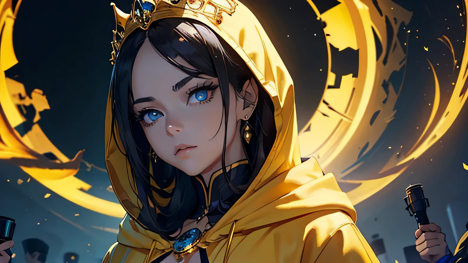 4K, A high resolution, Best quality at best, masterpiece, perfect colors, perfect shadow, perfect litthing, ((sportrait)), 1woman, fit-muscled body, bright yellow eyes,dark blue hair , blue eyes, With round lenses, The audience watched carefully, (s face: 1.2), Perfect female figure, ((standing)), ((beautiful queen in yellow dress suite, tight crop top, wraping in luxurious yellow hooded robes, yellow roses and skull adorn her cloth, (yellow tiara, yellow roses, gold skull ornamental, yellow dark))), ((shy and looking at viewert)), (Perfect thick white eyebrows) Delicate fur, 详细s face, s the perfect face, At a fantasy dark city , (model pose standing), energetic background, perfect dark city skyscape, lighting atmosphere, ((Bonifasko lighting)), (The round lenses on his eyes)(detailed eyes), Perfect student, ((face close up)), half breast open